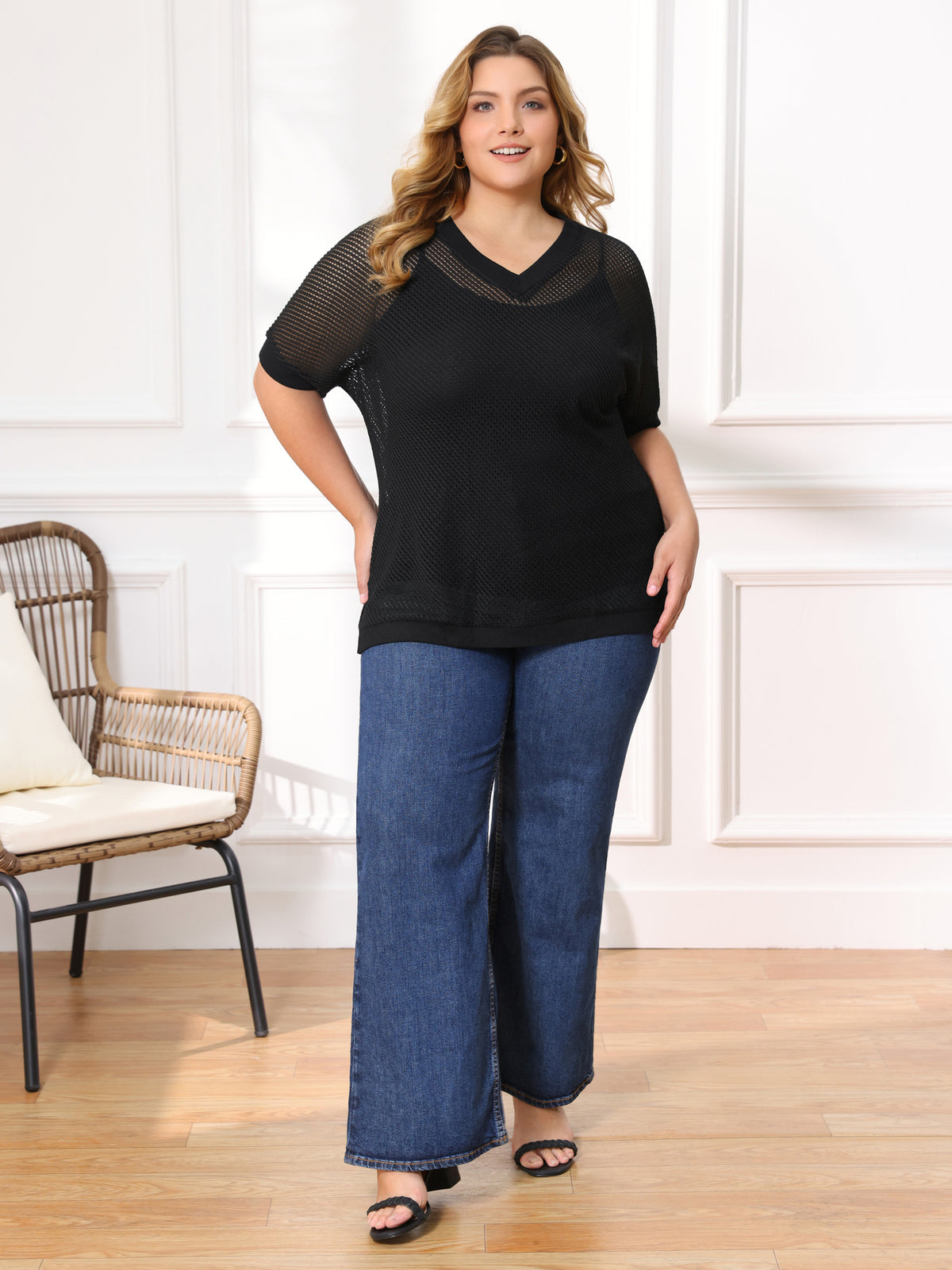 [PACK SALES] Women's Plus Size 2 Pieces Summer Tops Plaid Crochet Side Slit Half Sleeves V Neck Loose Waffle Knit Casual Blouses