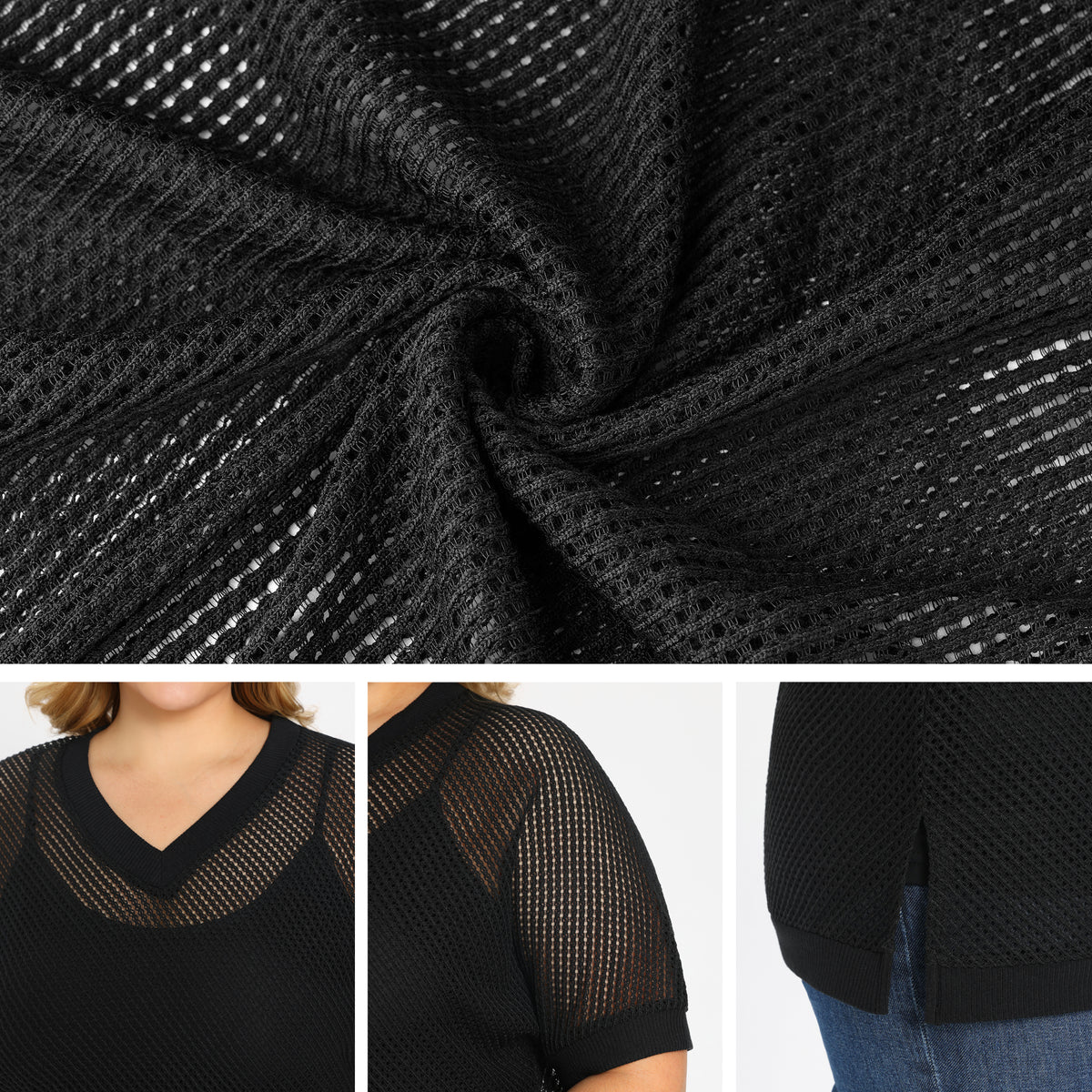 [PACK SALES] Women's Plus Size 2 Pieces Summer Tops Plaid Crochet Side Slit Half Sleeves V Neck Loose Waffle Knit Casual Blouses