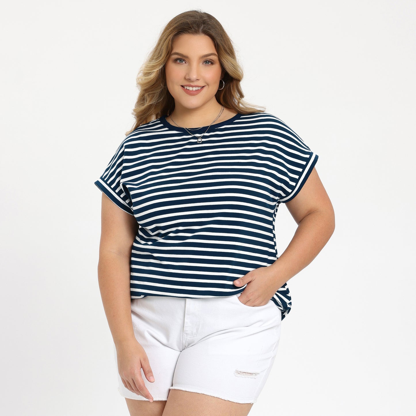 [PACK SALES] Women's Plus Size 2 Pieces Summer Tops Striped T-Shirts Plaid Casual Short Sleeve