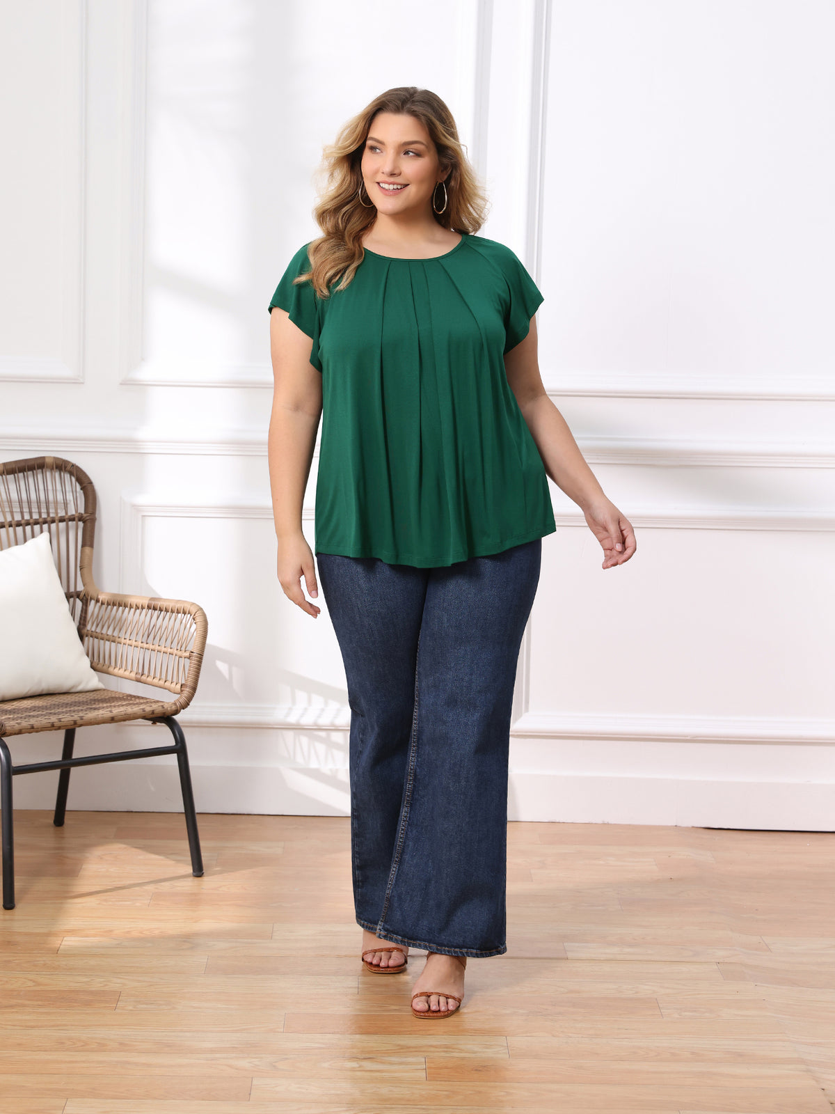 [PACK SALES] Women's Plus Size 2 Pieces Summer Curved Hem Short Sleeve Ruffled Dressy Relaxed Blouse
