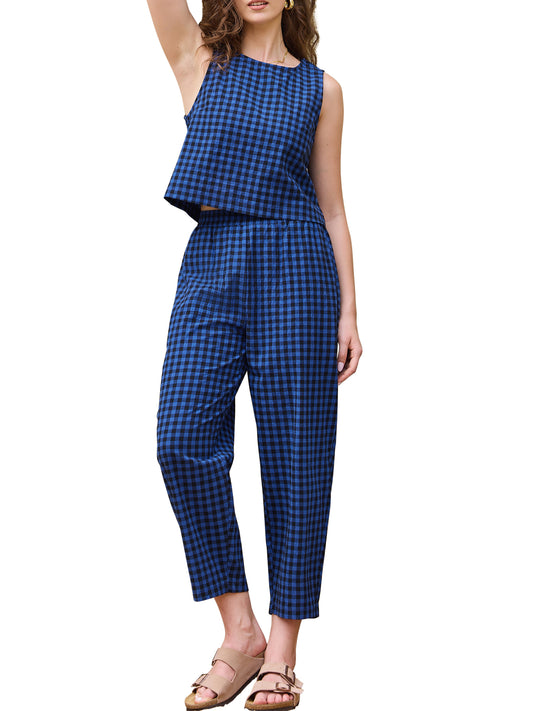 Women's Gingham Pants Set 2 Piece Outfits Sleeveless Crop Top and Lounge Wide Leg Pants