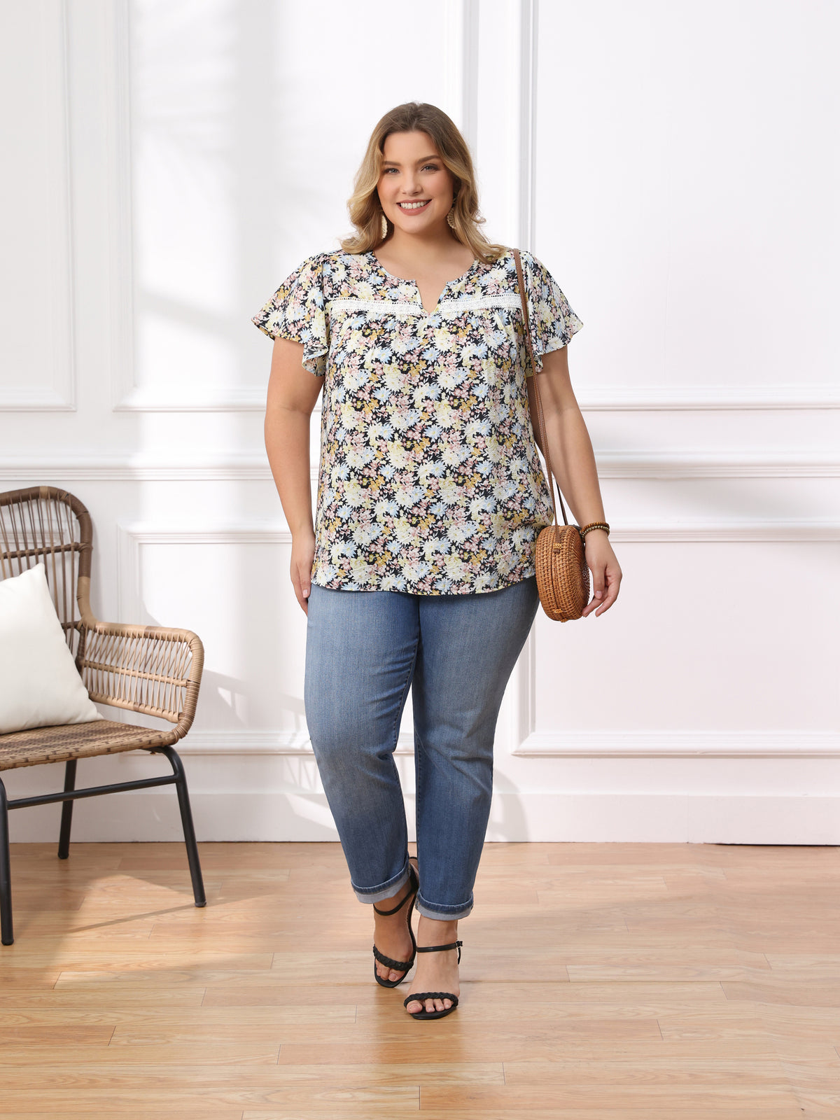 [PACK SALES] Women's Plus Size 2 Pieces Printed Blouse Notch V Neck Short Sleeves Summer Casual Tops