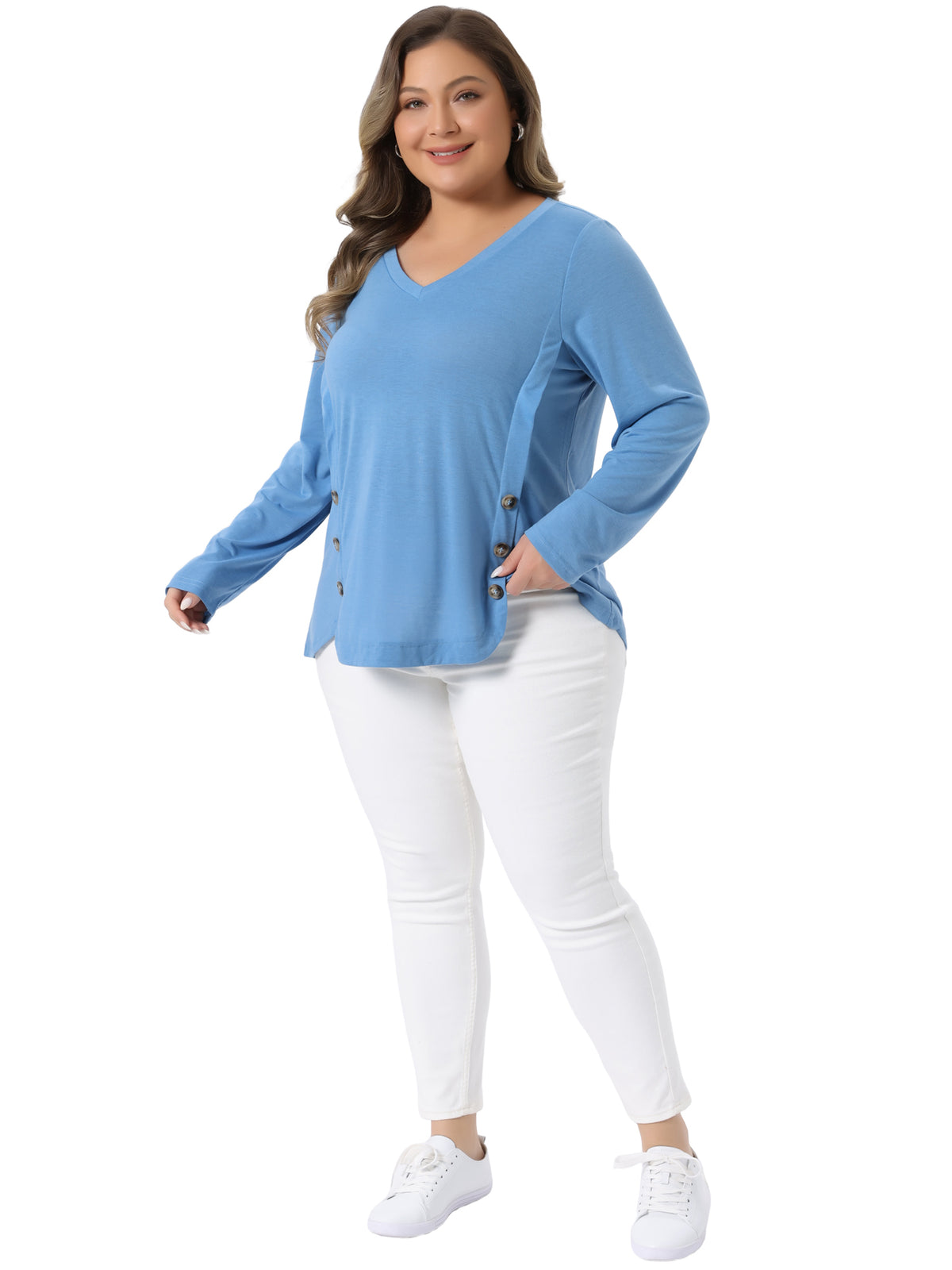 Women Plus Size Tunic Tops Casual V Neck Loose Button Side Long Sleeve Swing Blouse