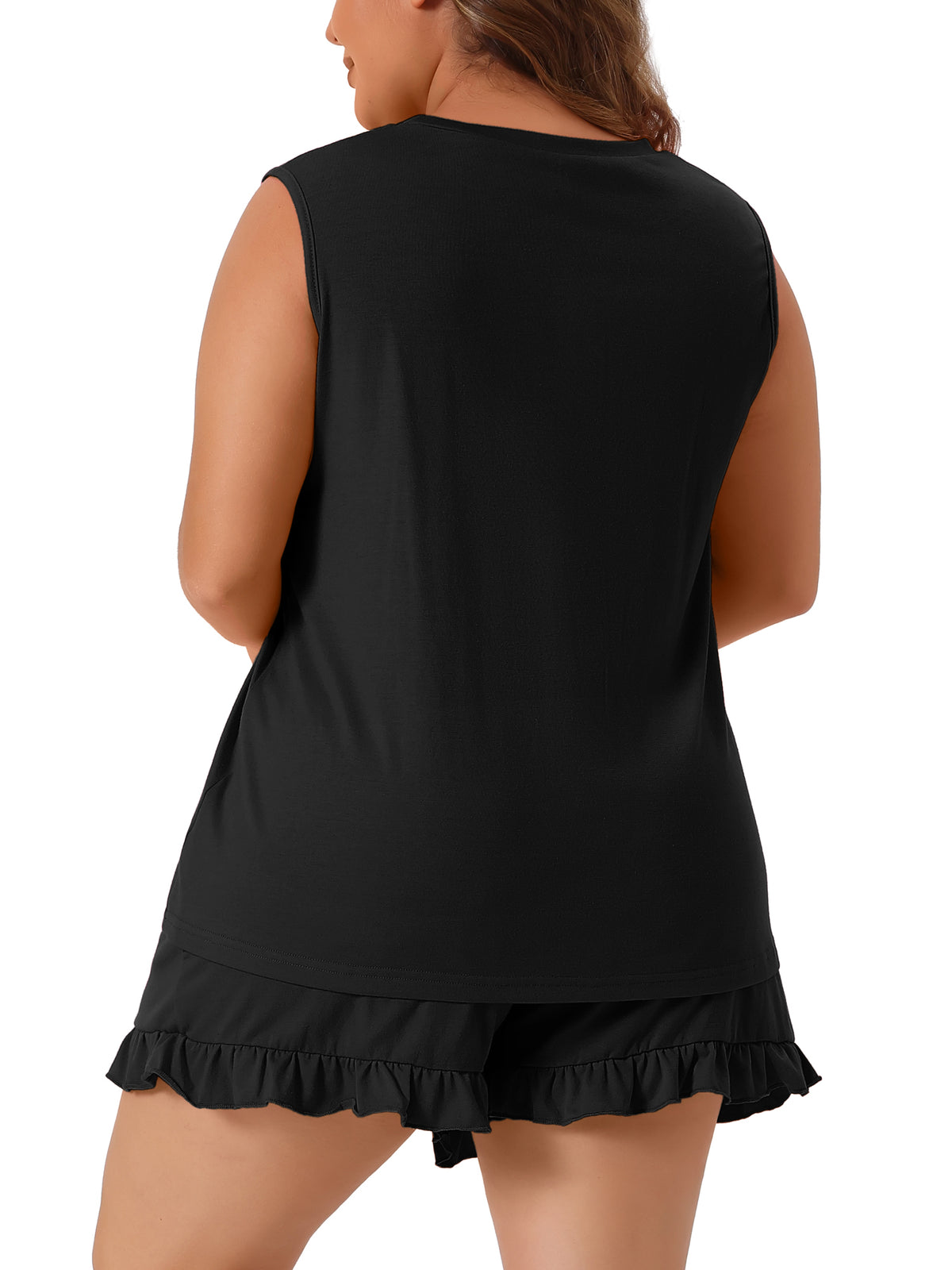 [PACK SALES] Women's Plus Size 2 Sets Pajamas Ruffle Sleeveless Tank Top with Shorts Lounge Home Sleepwear Set
