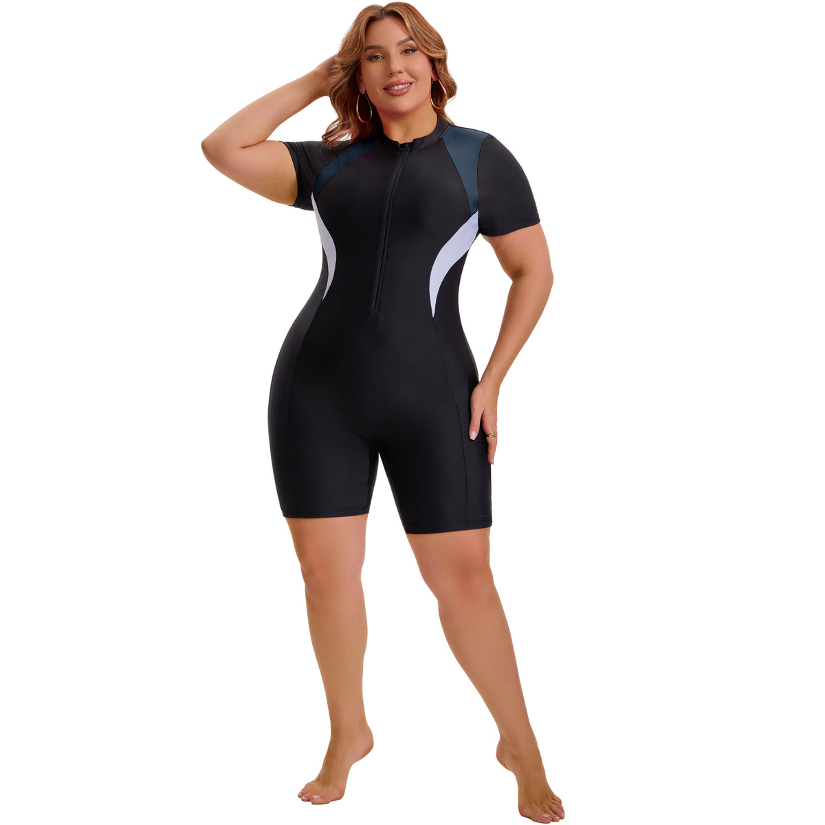 [PACK SALES] Women's Plus Size 2 Pieces Surfing Swimwear Boyleg Rash Guard Short Sleeves Half Zipper Beach Summer One-Piece Swimsuits