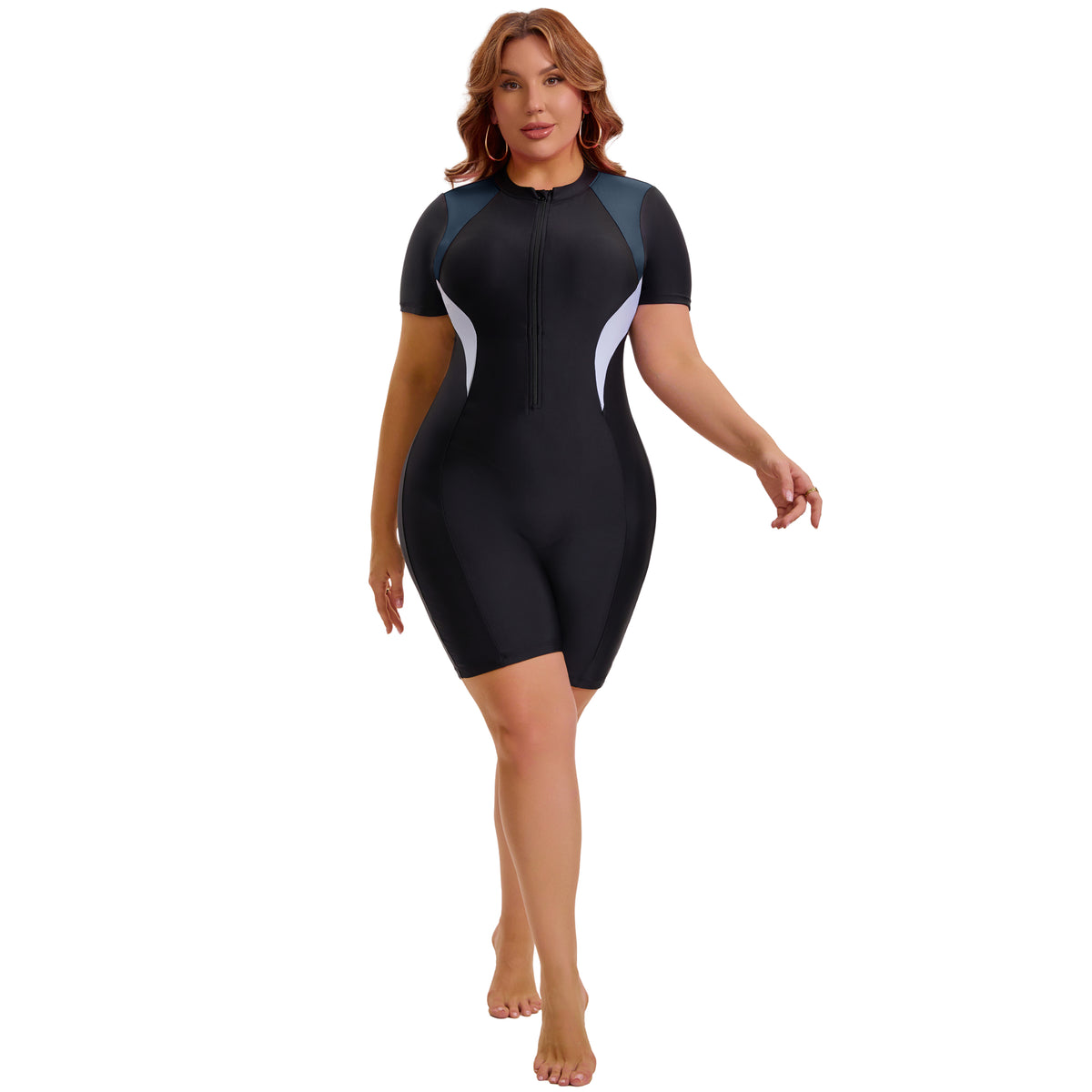 [PACK SALES] Women's Plus Size 2 Pieces Surfing Swimwear Boyleg Rash Guard Short Sleeves Half Zipper Beach Summer One-Piece Swimsuits