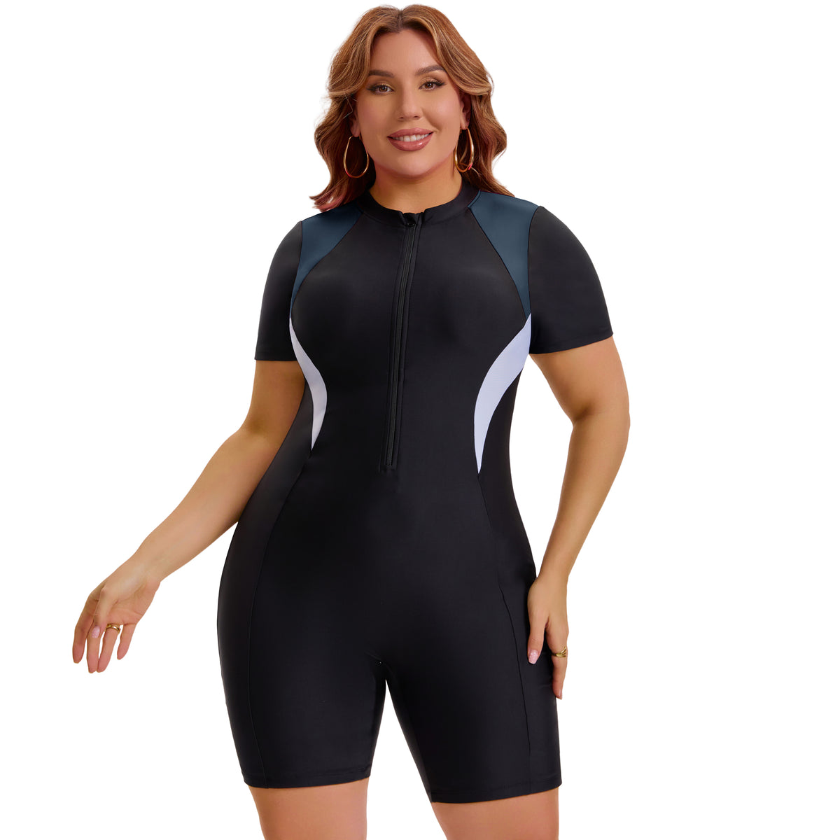 [PACK SALES] Women's Plus Size 2 Pieces Surfing Swimwear Boyleg Rash Guard Short Sleeves Half Zipper Beach Summer One-Piece Swimsuits