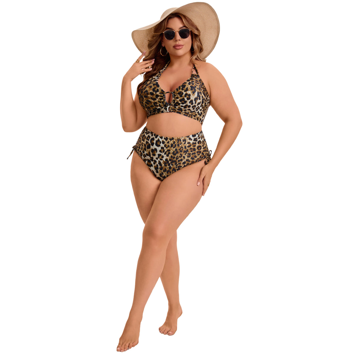 [PACK SALES] Women's Plus Size Two Sets Bikini Sets Halter Back Self Tie Curvy Cutout String Beach Pool Bathing Suit Swimsuit