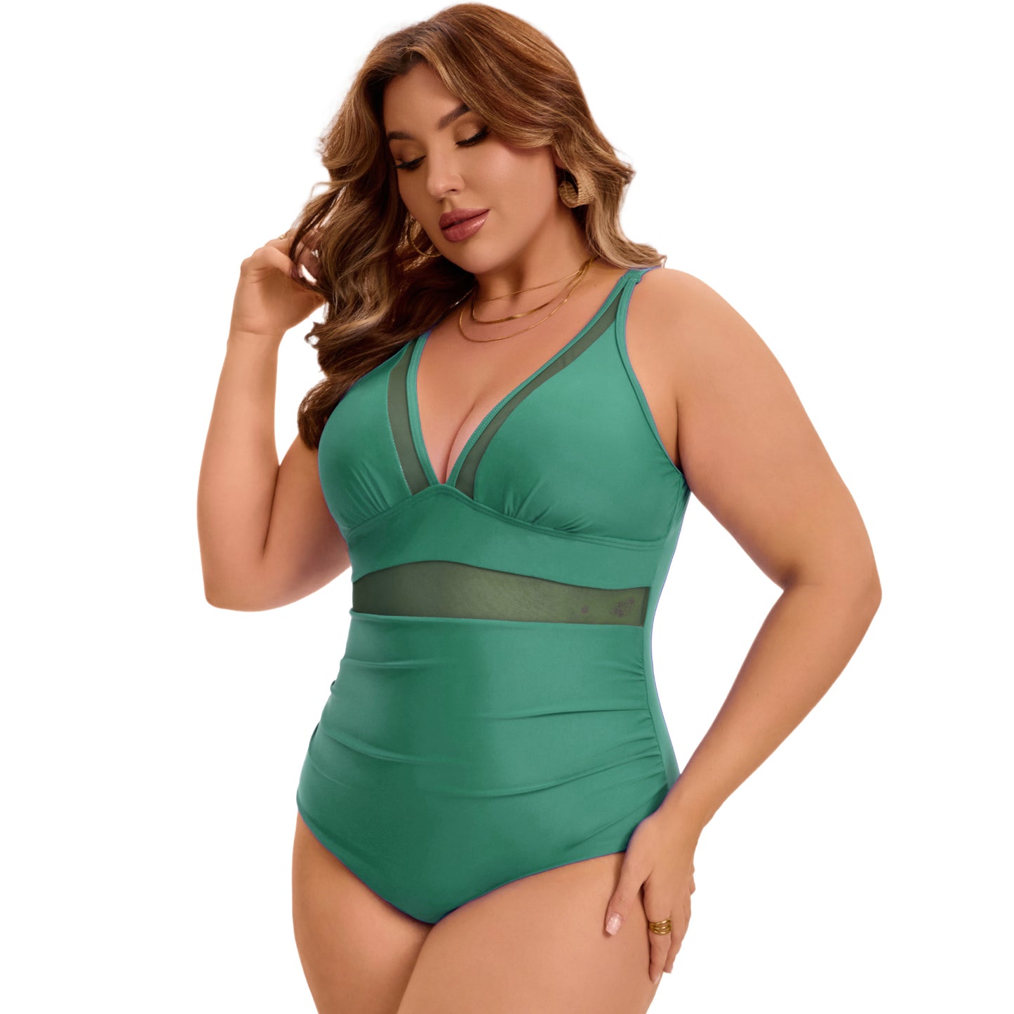 Women's Plus Size One Piece Swimsuit Mesh V Neck Tummy Control Push Up High Waisted Bathing Suit Beach Swimwear