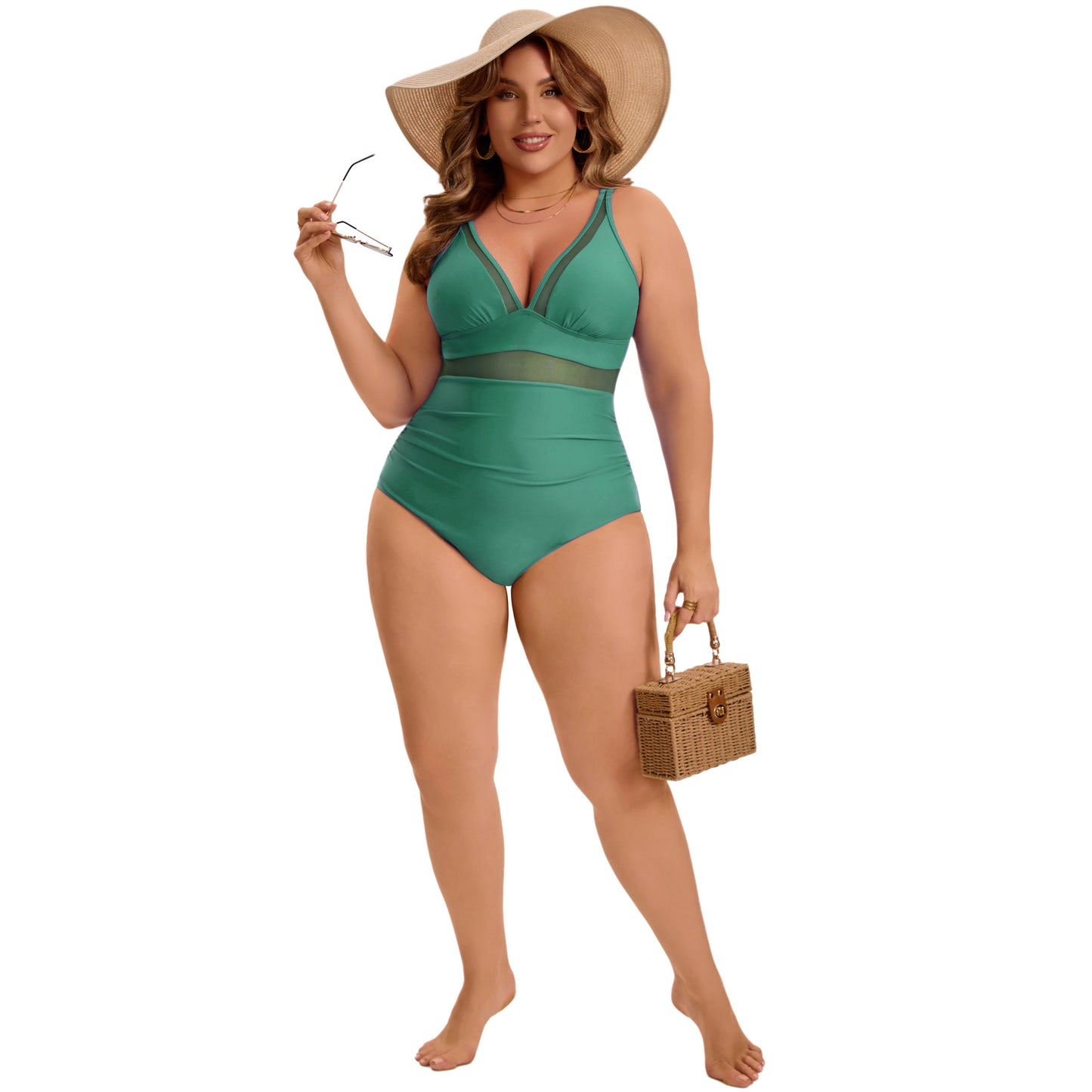 Women's Plus Size One Piece Swimsuit Mesh V Neck Tummy Control Push Up High Waisted Bathing Suit Beach Swimwear