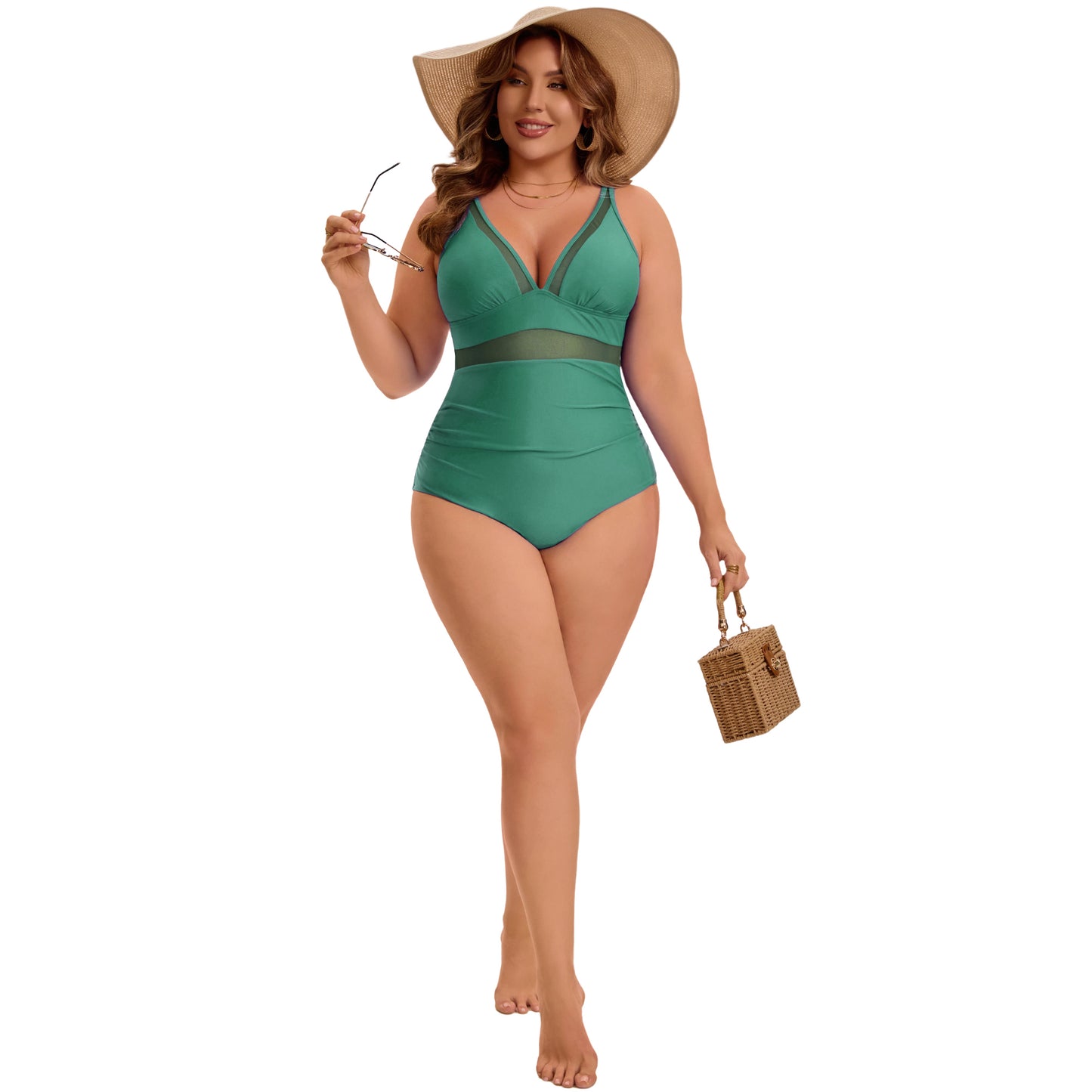Women's Plus Size One Piece Swimsuit Mesh V Neck Tummy Control Push Up High Waisted Bathing Suit Beach Swimwear