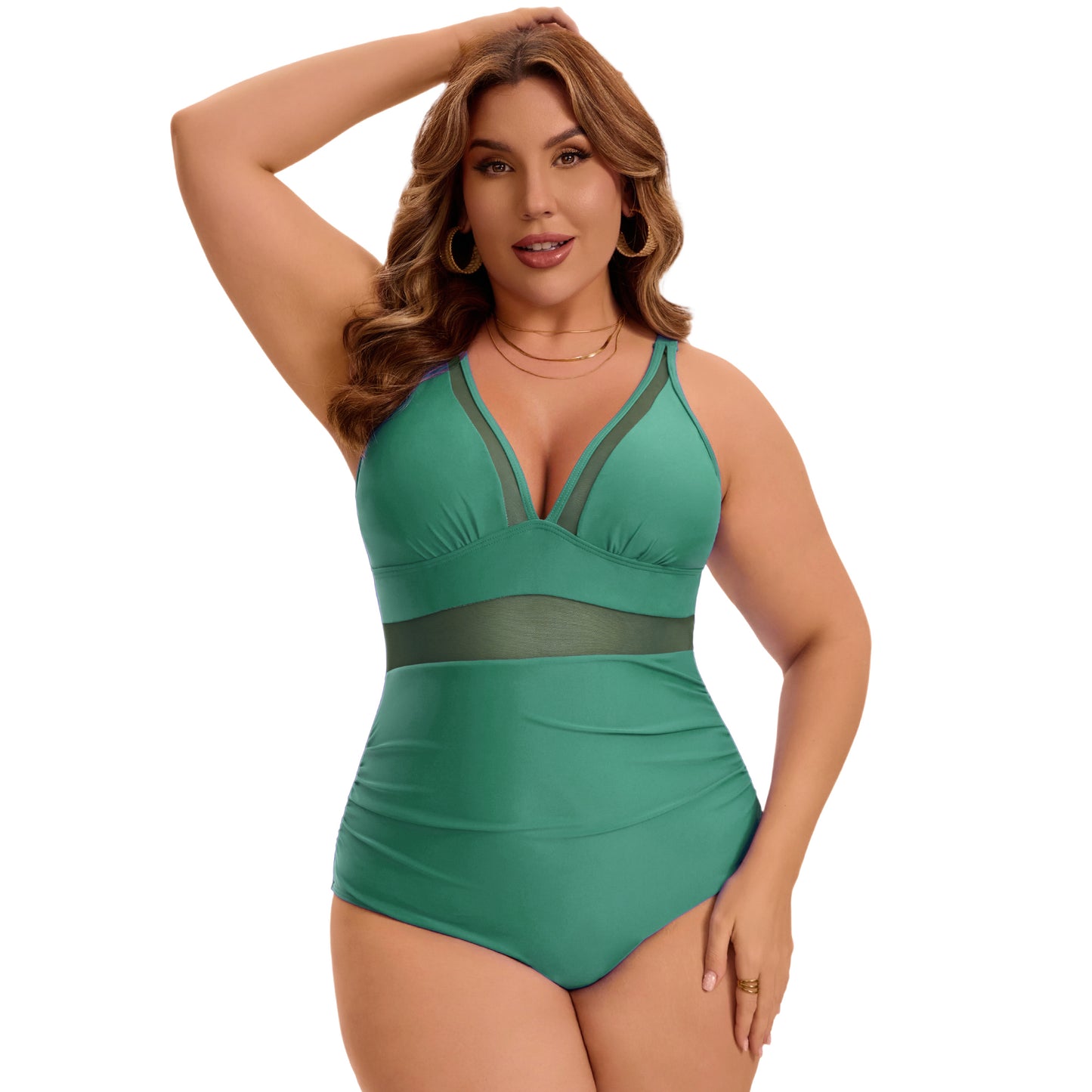 Women's Plus Size One Piece Swimsuit Mesh V Neck Tummy Control Push Up High Waisted Bathing Suit Beach Swimwear