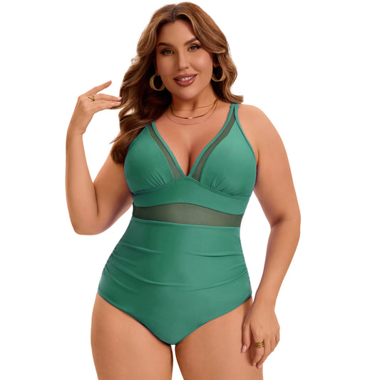 Women's Plus Size One Piece Swimsuit Mesh V Neck Tummy Control Push Up High Waisted Bathing Suit Beach Swimwear