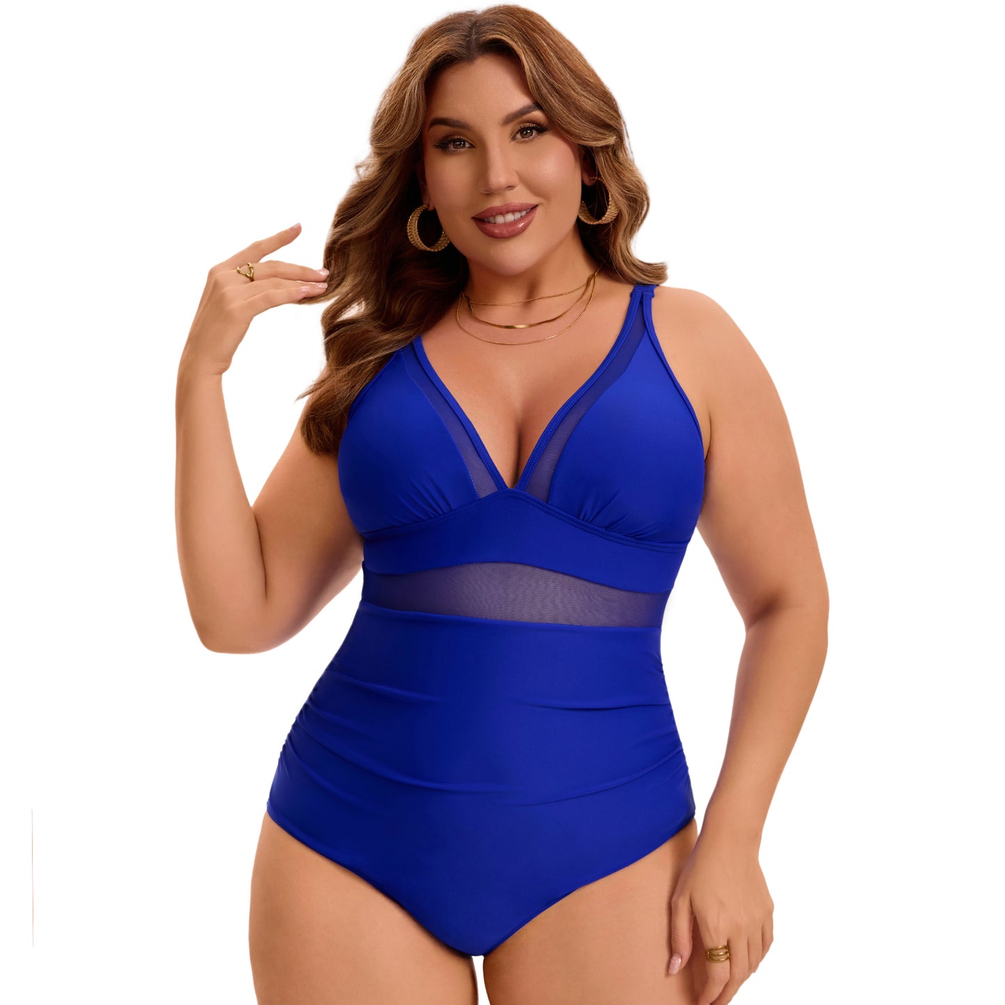 Women's Plus Size One Piece Swimsuit Mesh V Neck Tummy Control Push Up High Waisted Bathing Suit Beach Swimwear