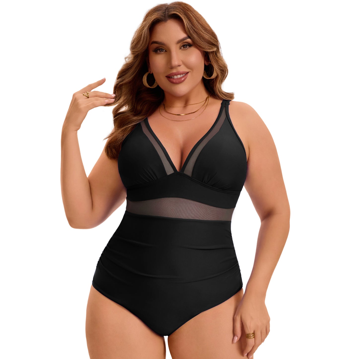Women's Plus Size One Piece Swimsuit Mesh V Neck Tummy Control Push Up High Waisted Bathing Suit Beach Swimwear