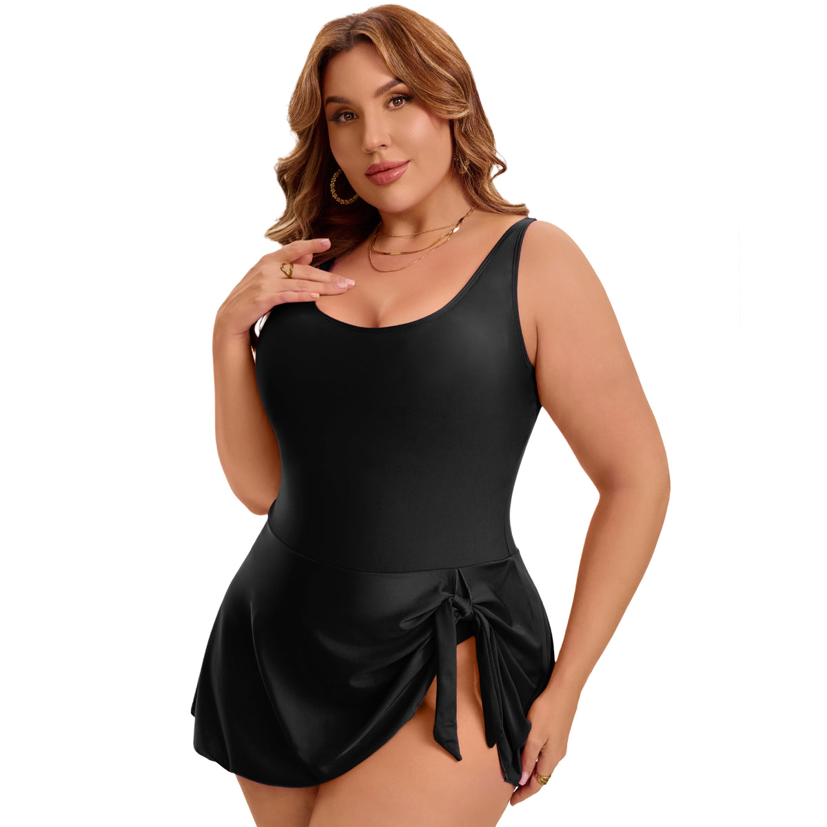 [PACK SALES] Women's Plus Size 2 Pieces Swimdresses Push Up Tie Knot Bathing Suit Beach Vacation Pool One-Piece Swimwears with Built-In Shorts