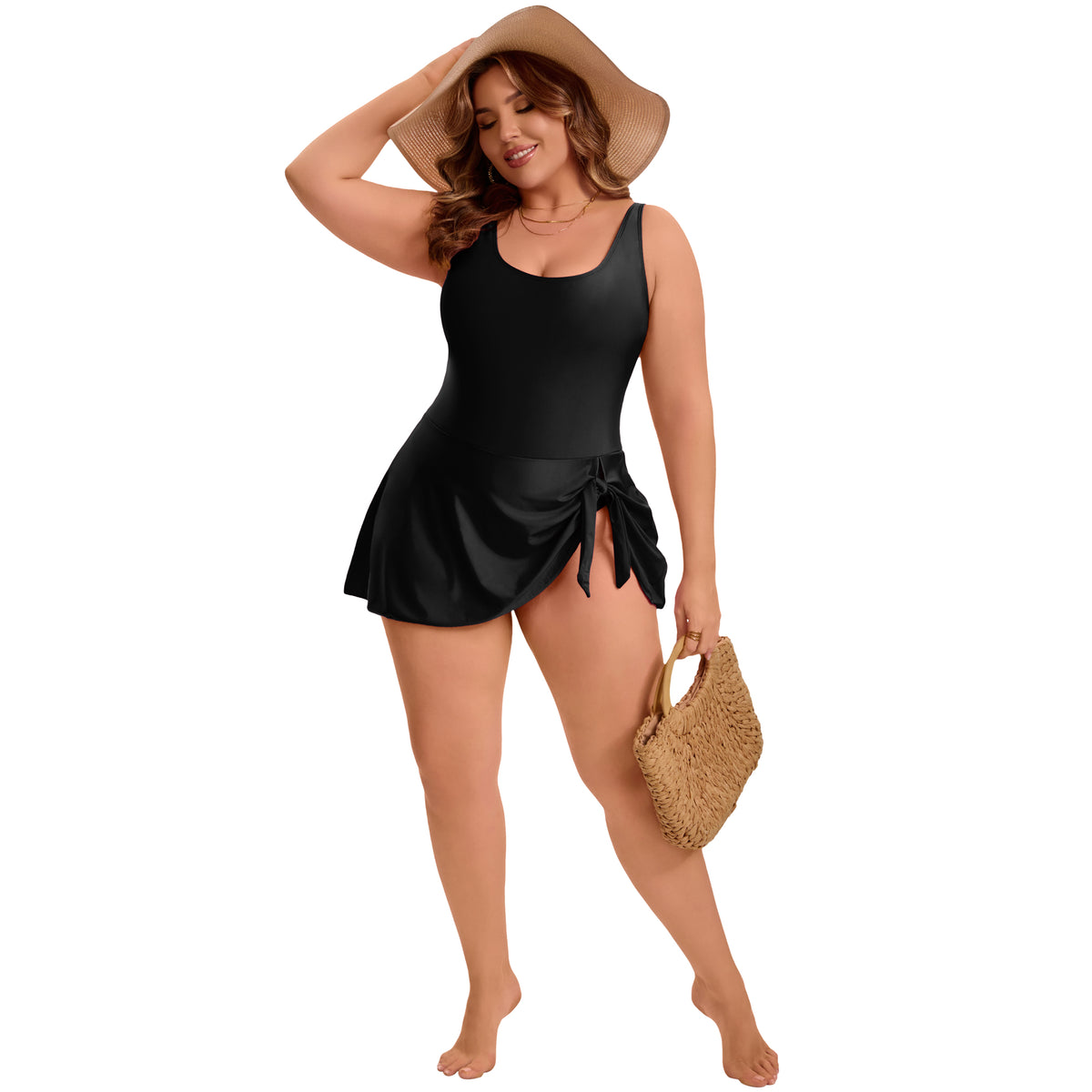[PACK SALES] Women's Plus Size 2 Pieces Swimdresses Push Up Tie Knot Bathing Suit Beach Vacation Pool One-Piece Swimwears with Built-In Shorts