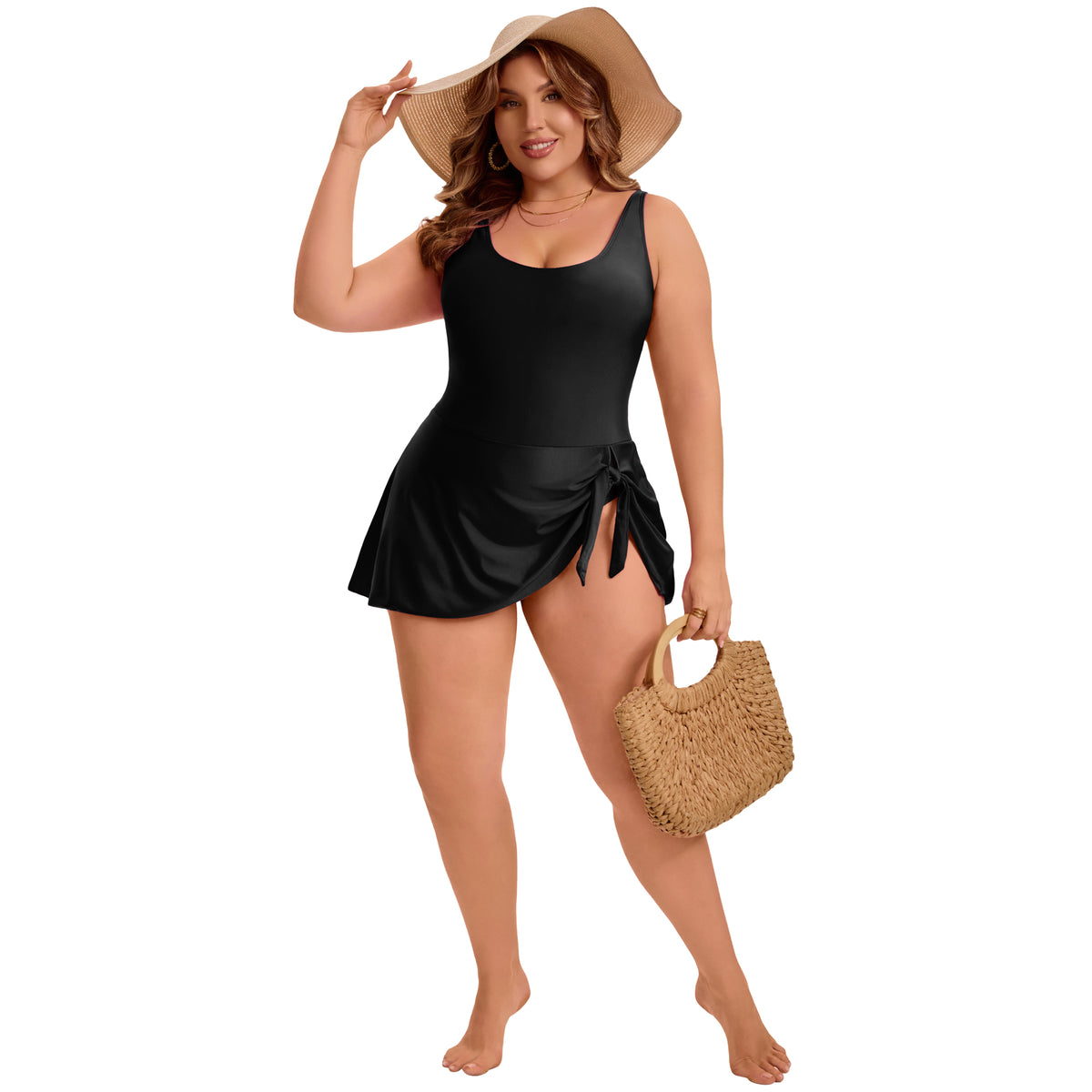 [PACK SALES] Women's Plus Size 2 Pieces Swimdresses Push Up Tie Knot Bathing Suit Beach Vacation Pool One-Piece Swimwears with Built-In Shorts