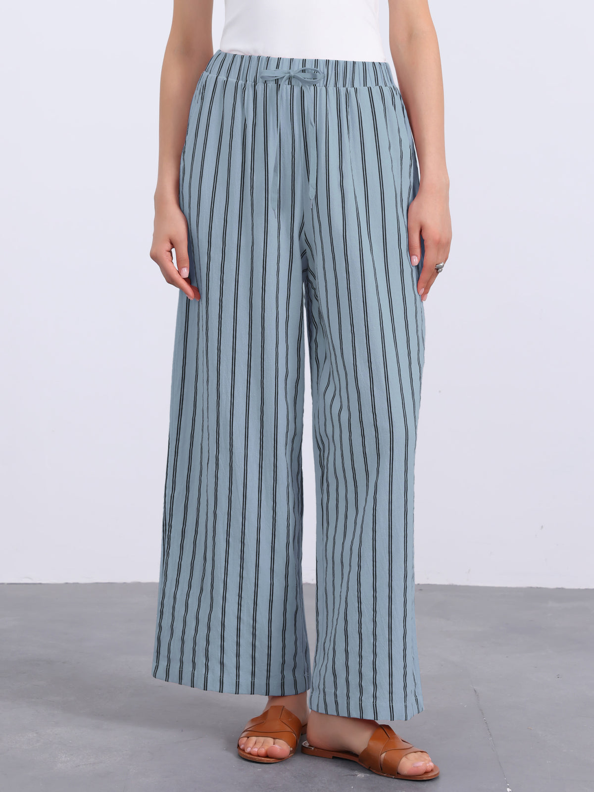 Women's Casual Drawstring Stripe Wide Leg High Waist Cotton Loose Pants