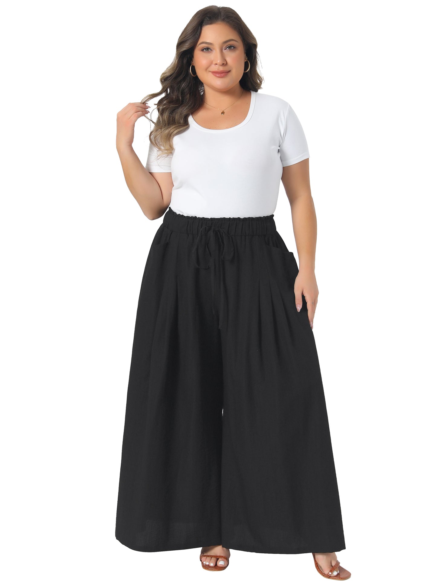 Women's Plus Size Wide Leg Pants Adjustable High Waisted Flowy Palazzo Pants Trousers with Pockets