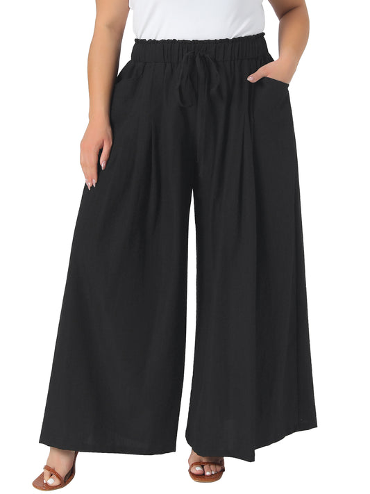 Women's Plus Size Wide Leg Pants Adjustable High Waisted Flowy Palazzo Pants Trousers with Pockets