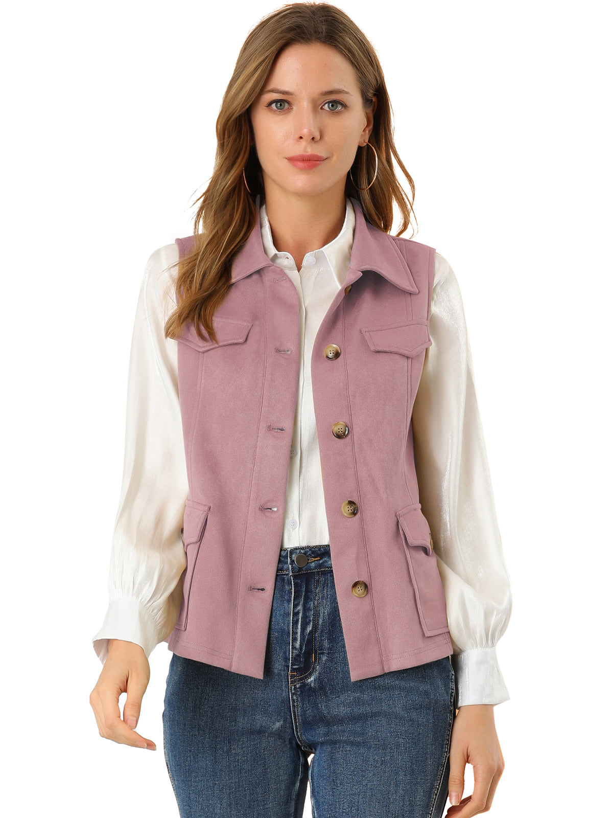 Women's Faux Suede Vest Button Down Pocket Sleeveless Fall Jacket