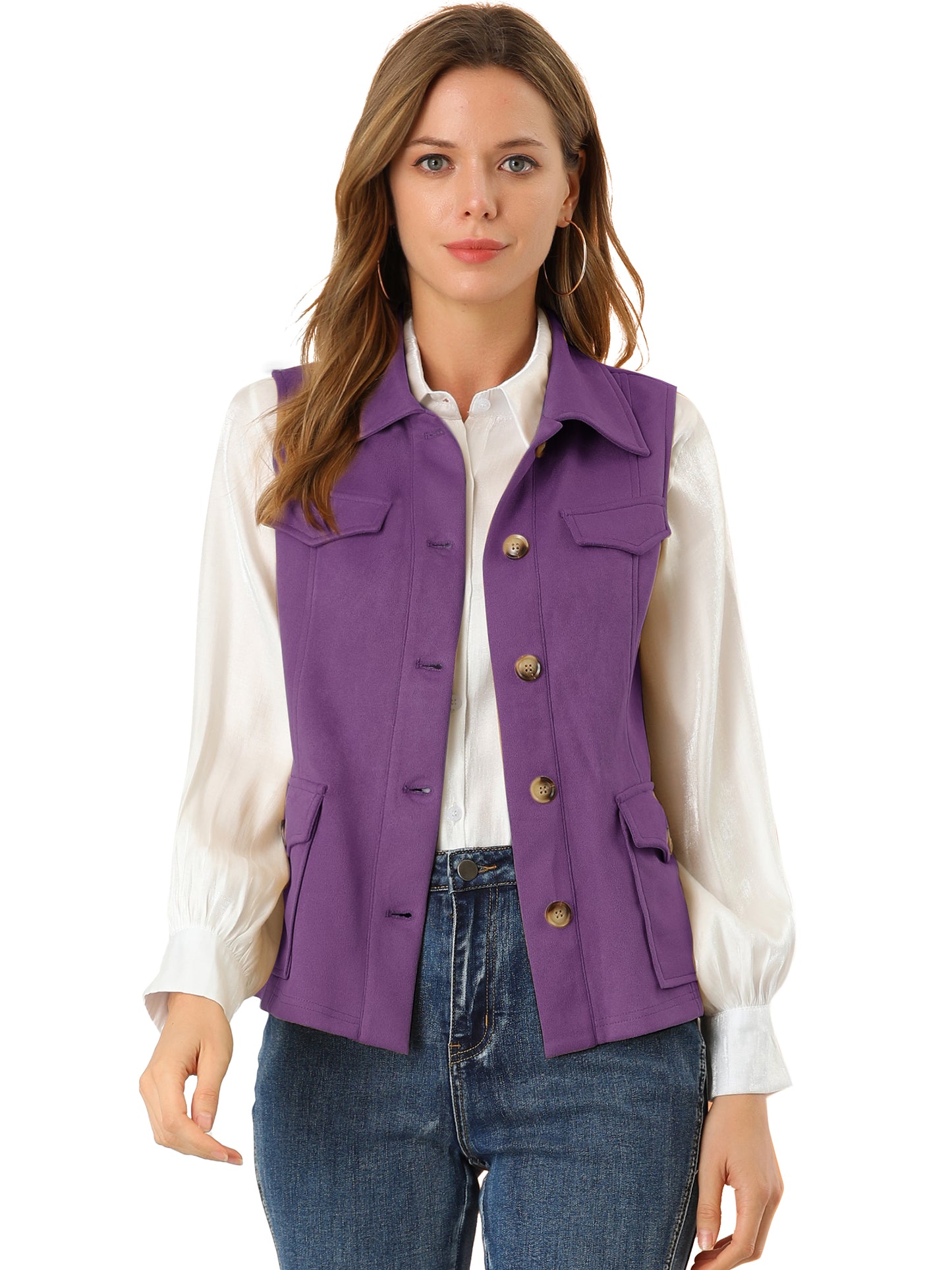 Women's Faux Suede Vest Button Down Pocket Sleeveless Fall Jacket