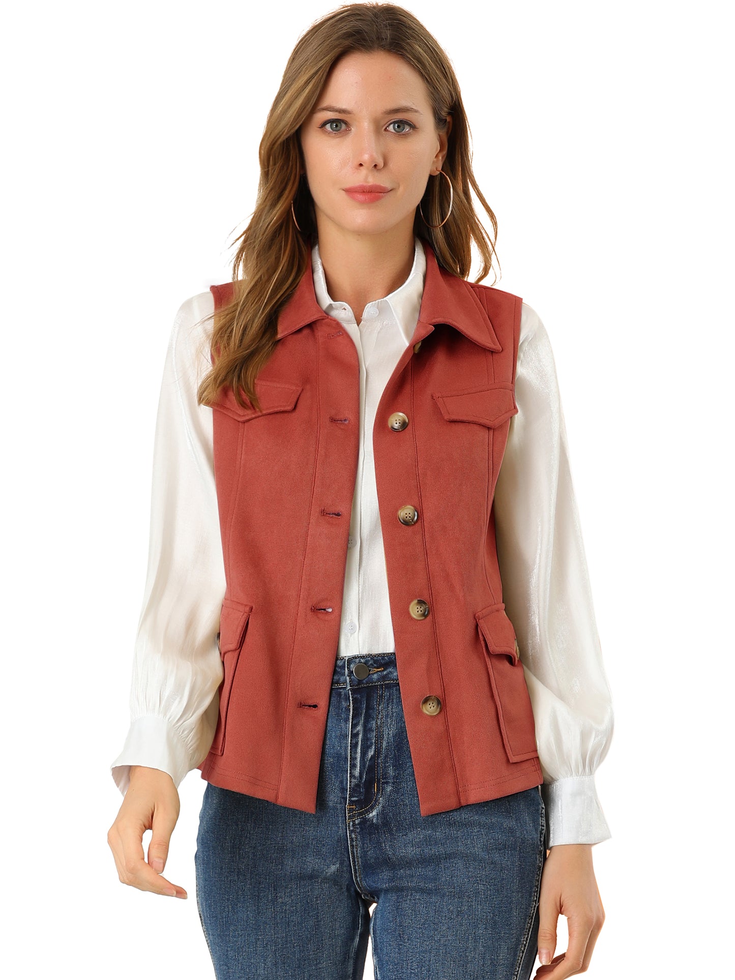 Women's Faux Suede Vest Button Down Pocket Sleeveless Fall Jacket
