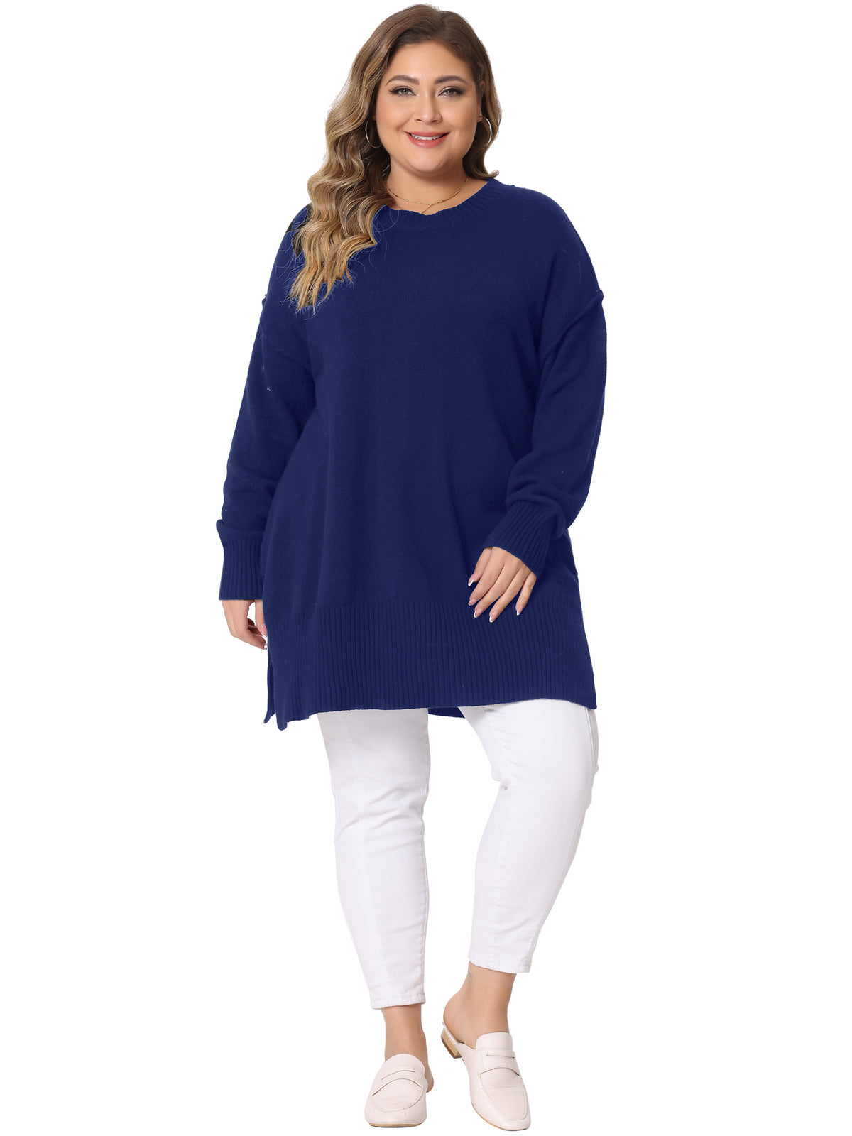 Women Plus Size Sweater Oversized Crew Neck Long Sleeve Slit hem Knit Pullover Sweater Tops