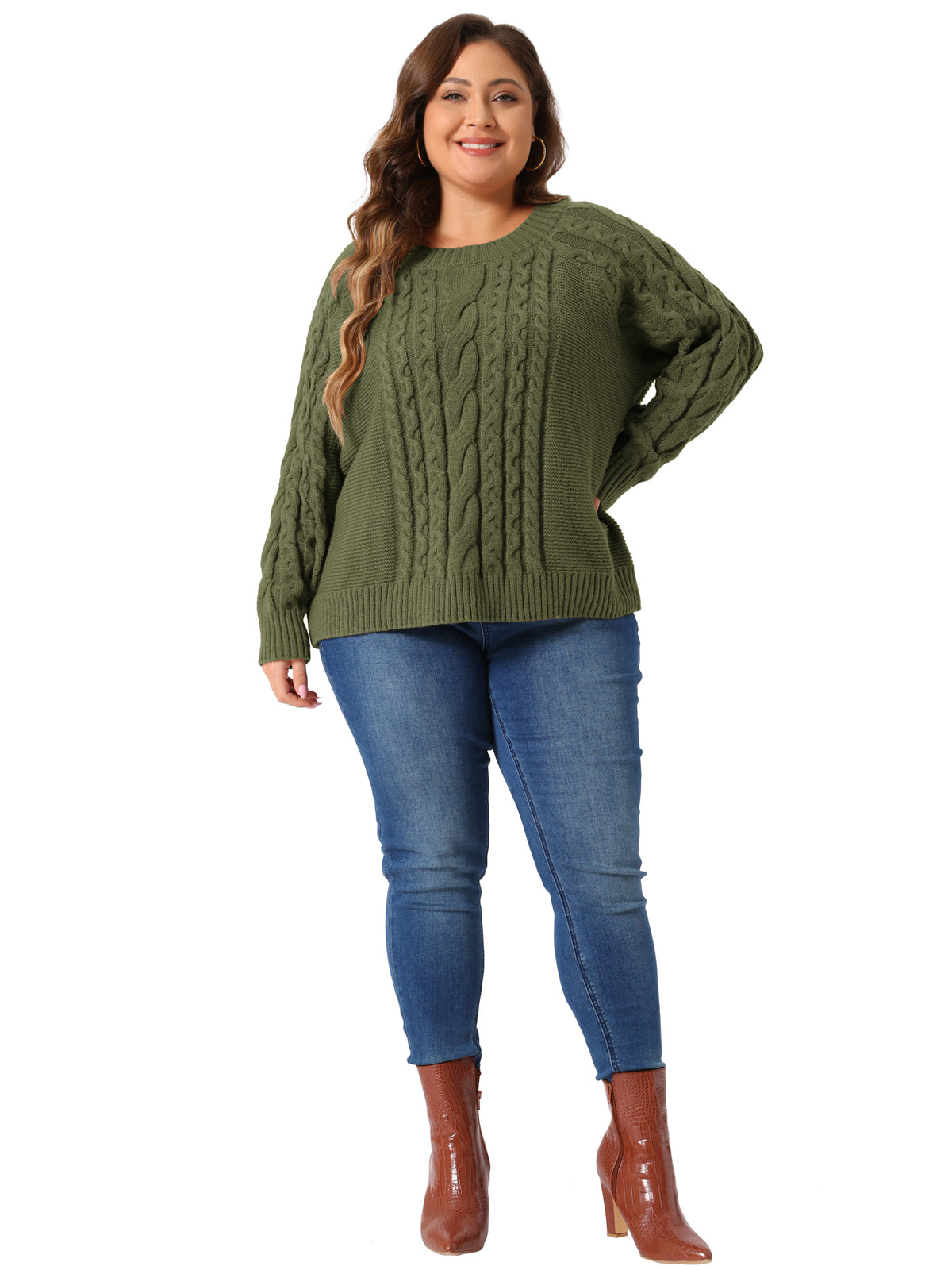Women's Plus Size Long Sleeve Crewneck Fisherman Cable Pullover Sweater