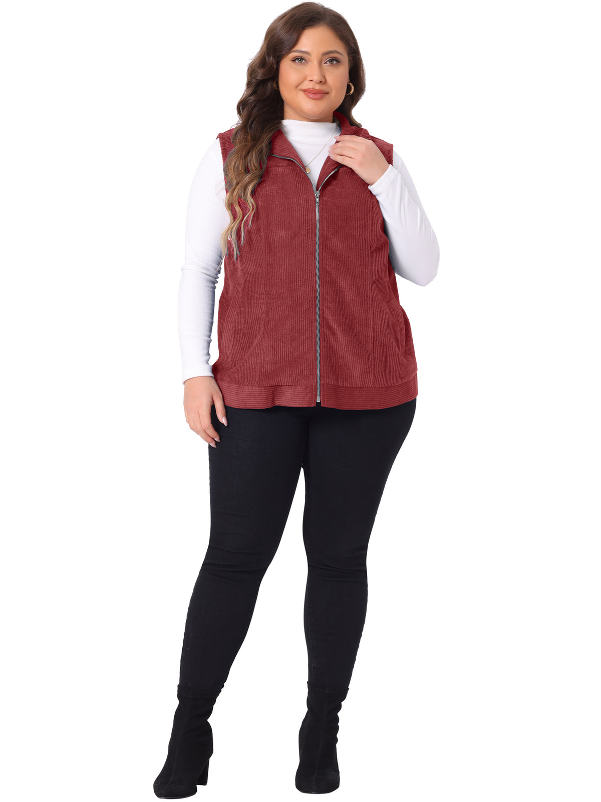 Women Plus Size Sleeveless Vests Casual Zipper Side Pocket Corduroy Vest