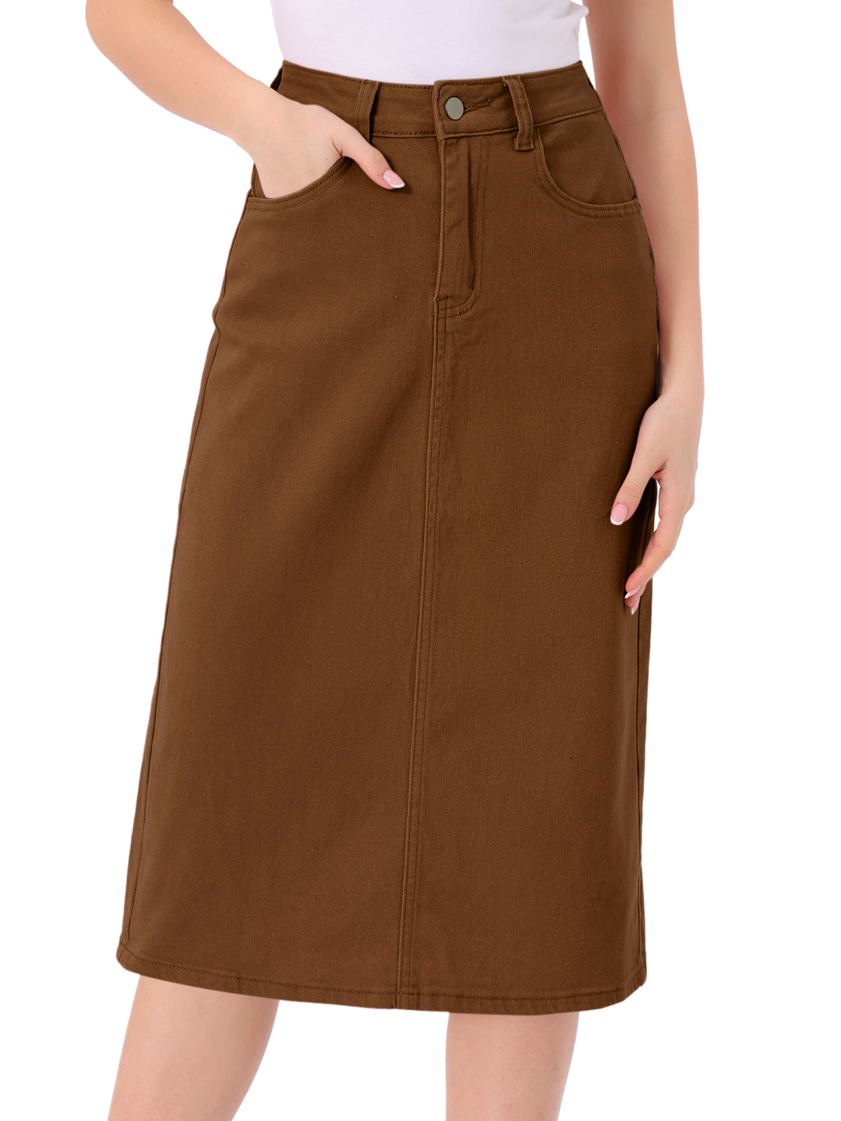 Women's Casual Denim Skirt High Waist Split Back Pockets Midi Jean Skirt (Available in Plus Size)