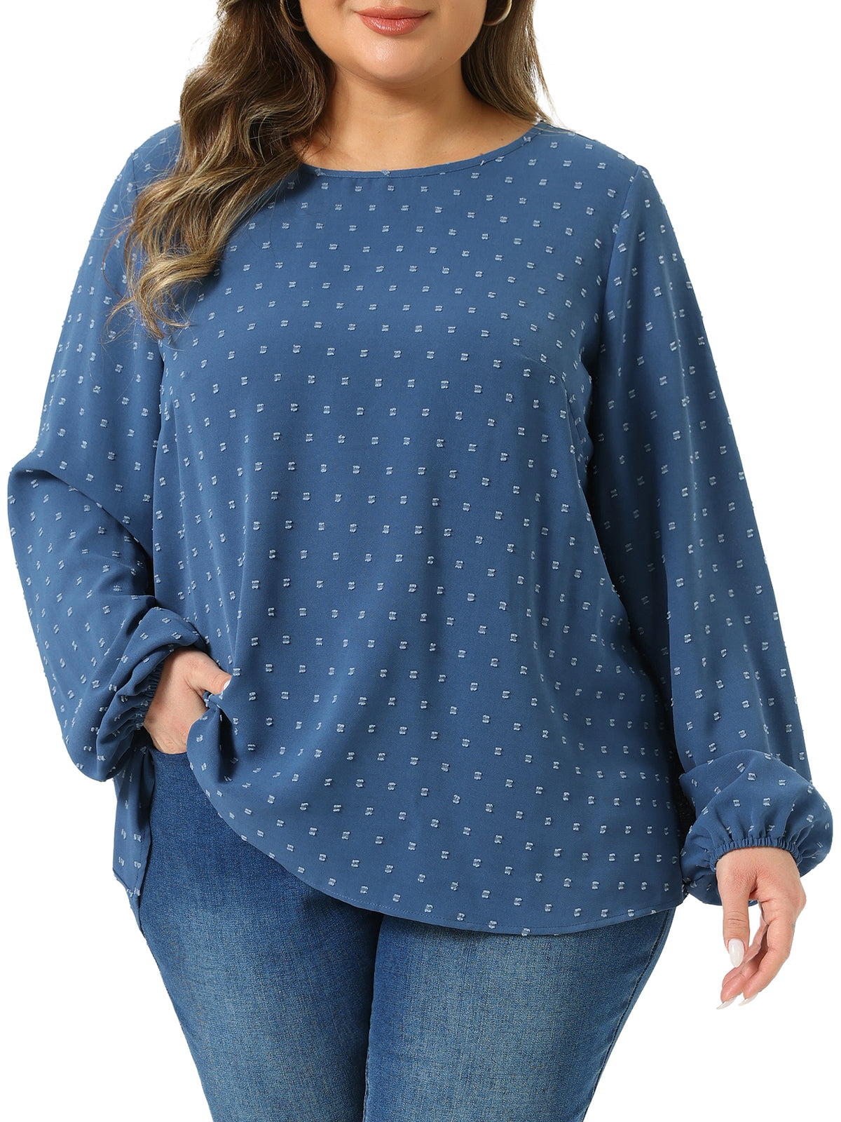 Women Plus Size Chiffon Swiss Dots Long Sleeve Blouses