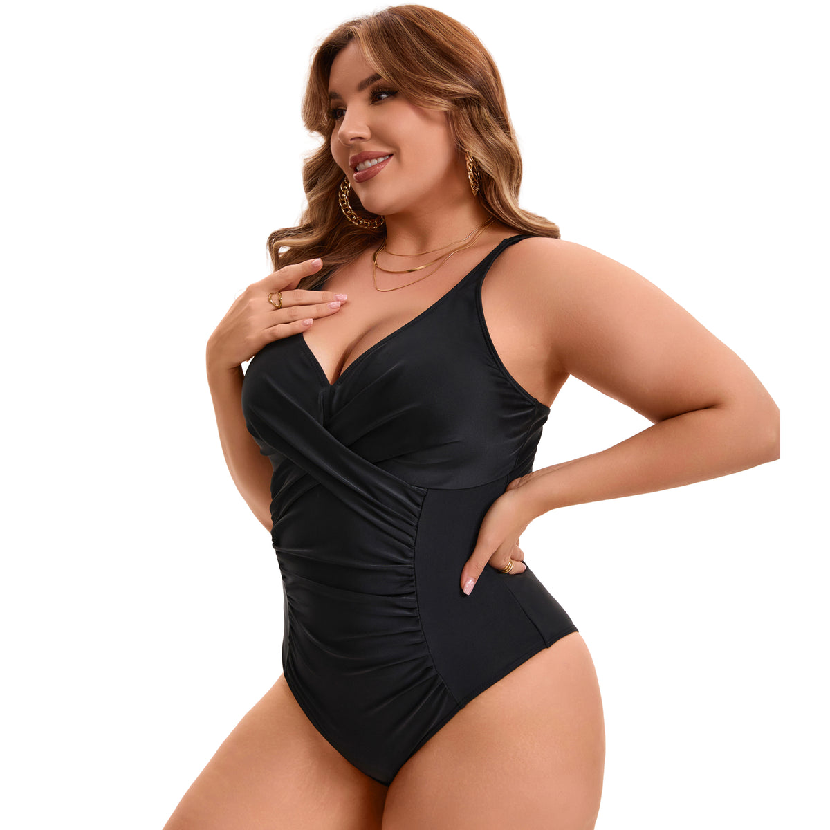 [PACK SALES] Women's Plus Size 2 Pieces One-Piece Swimwear V-Neck Push Up Ruched Beach Bathing Suit
