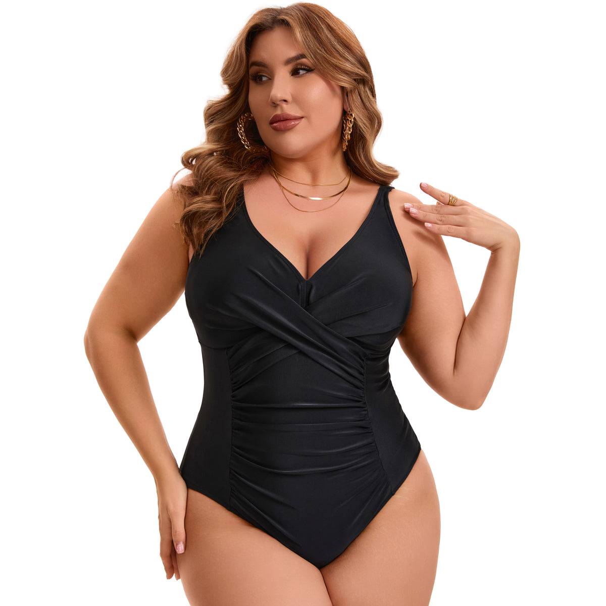 [PACK SALES] Women's Plus Size 2 Pieces One-Piece Swimwear V-Neck Push Up Ruched Beach Bathing Suit