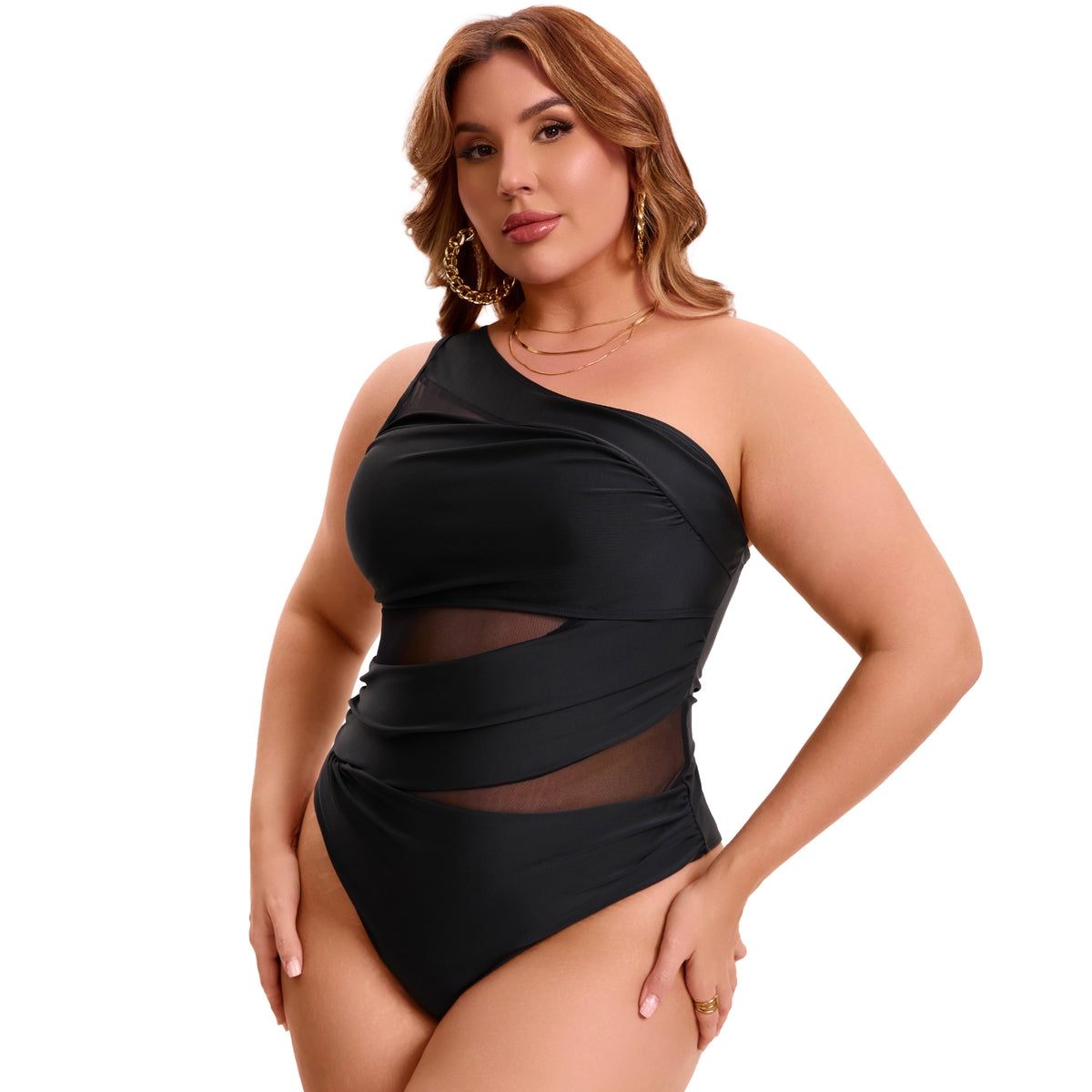 [PACK SALES] Women's Plus Size 2 Pieces Bathing Suit See Through Mesh One Shoulder and V Neck Adjustable Push Up Swimsuit Cut Out Beach One-Piece Swimwear