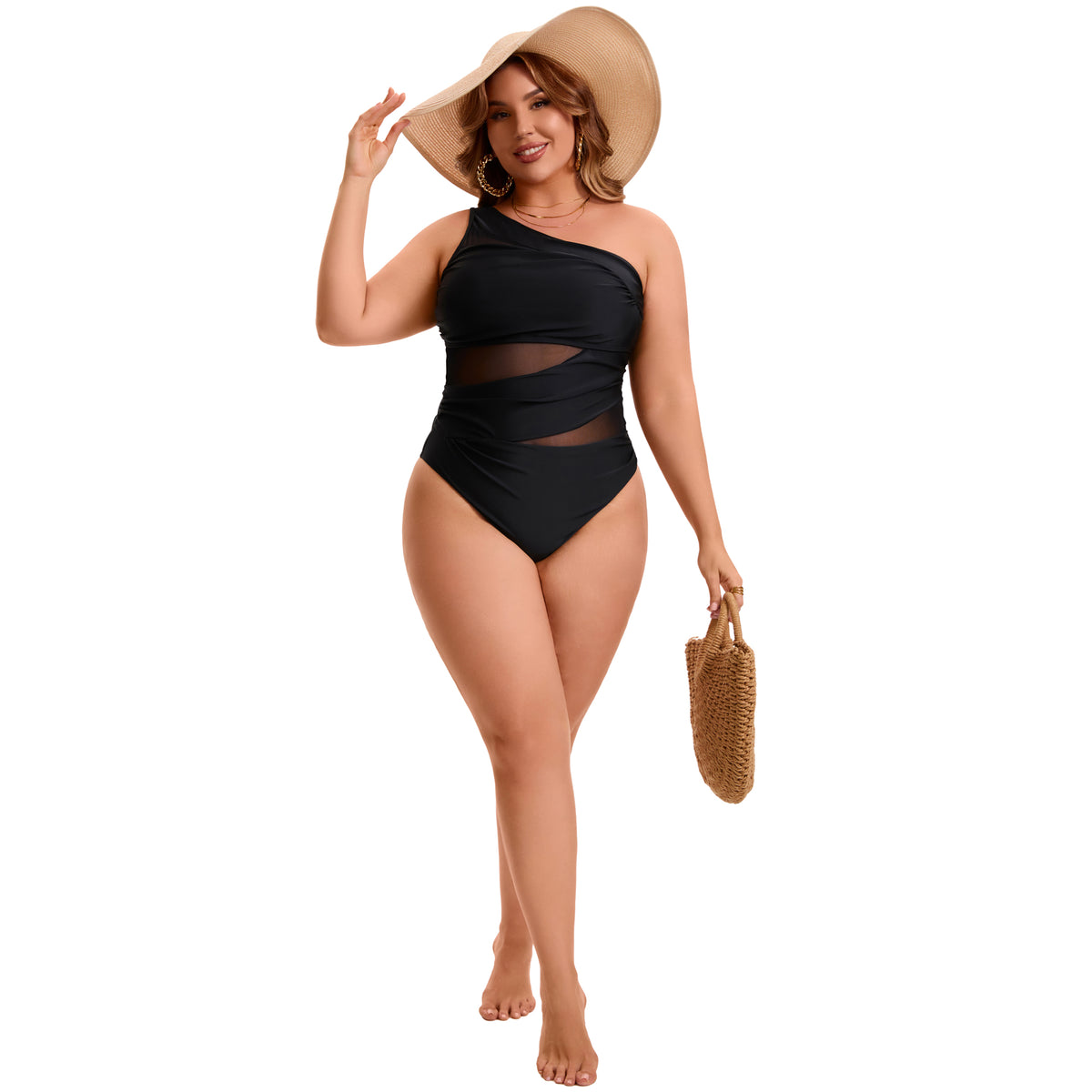 [PACK SALES] Women's Plus Size 2 Pieces Bathing Suit See Through Mesh One Shoulder and V Neck Adjustable Push Up Swimsuit Cut Out Beach One-Piece Swimwear