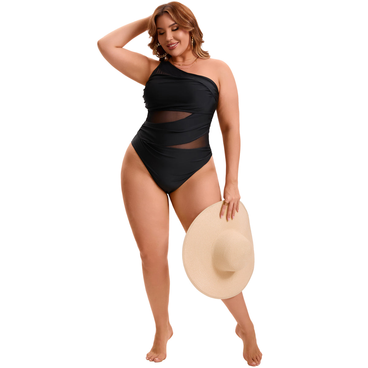 [PACK SALES] Women's Plus Size 2 Pieces Bathing Suit See Through Mesh One Shoulder and V Neck Adjustable Push Up Swimsuit Cut Out Beach One-Piece Swimwear