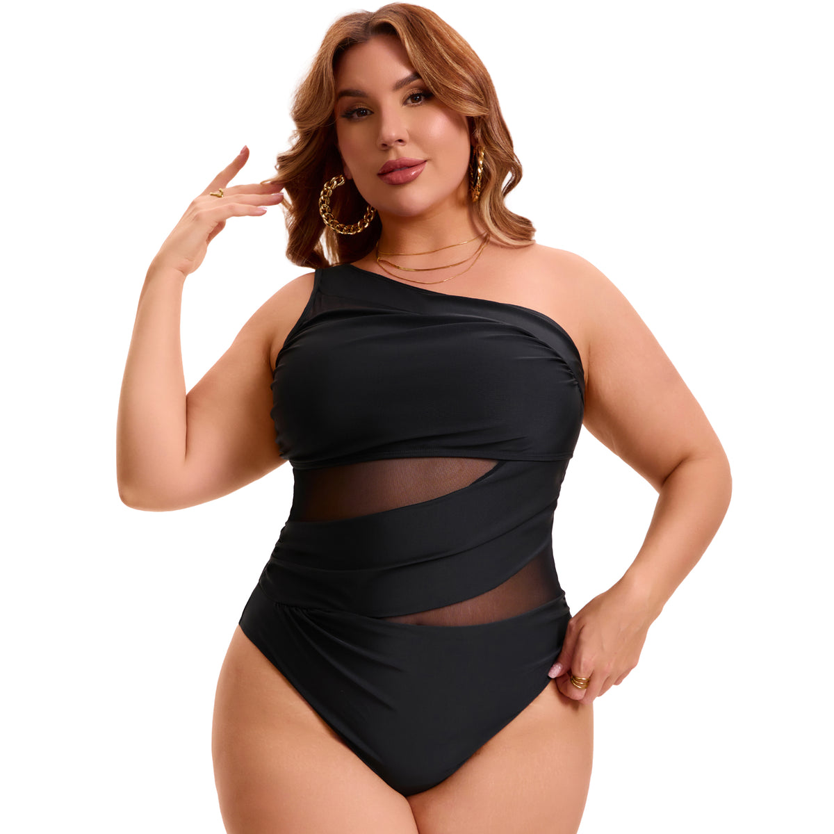 [PACK SALES] Women's Plus Size 2 Pieces Bathing Suit See Through Mesh One Shoulder and V Neck Adjustable Push Up Swimsuit Cut Out Beach One-Piece Swimwear