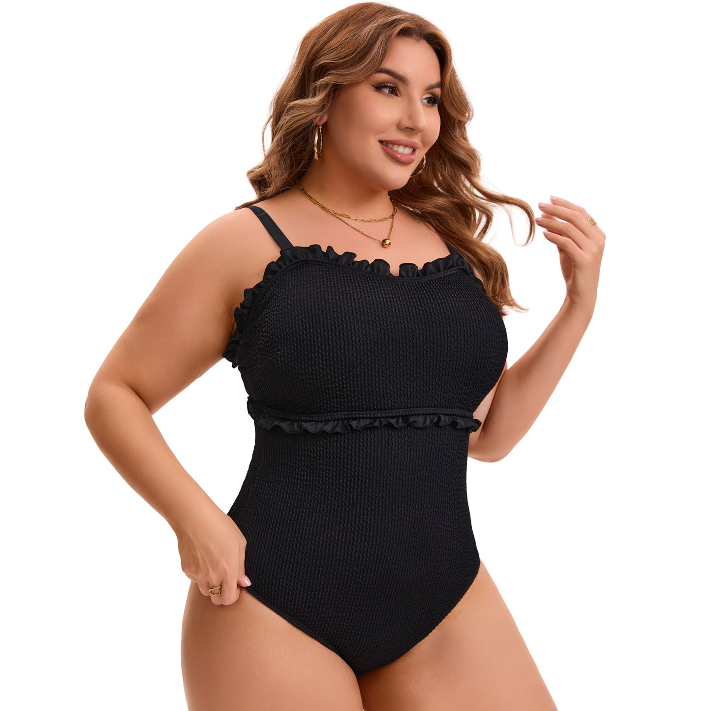 [PACK SALES] Women's Plus Size 2 Pieces Swimwear Set Ribbed Monikini Texture Back Tie Bathing Suit and Tie Front Shirring Short Sleeve Beach Swimsuit