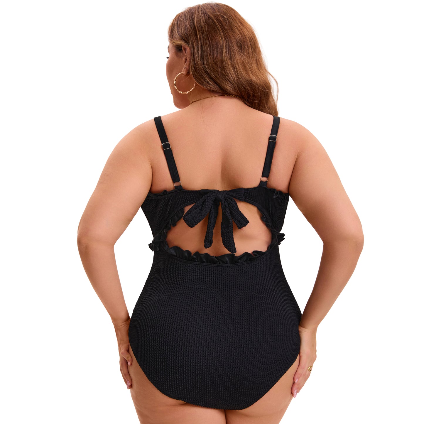 [PACK SALES] Women's Plus Size 2 Pieces Swimwear Set Ribbed Monikini Texture Back Tie Bathing Suit and Tie Front Shirring Short Sleeve Beach Swimsuit