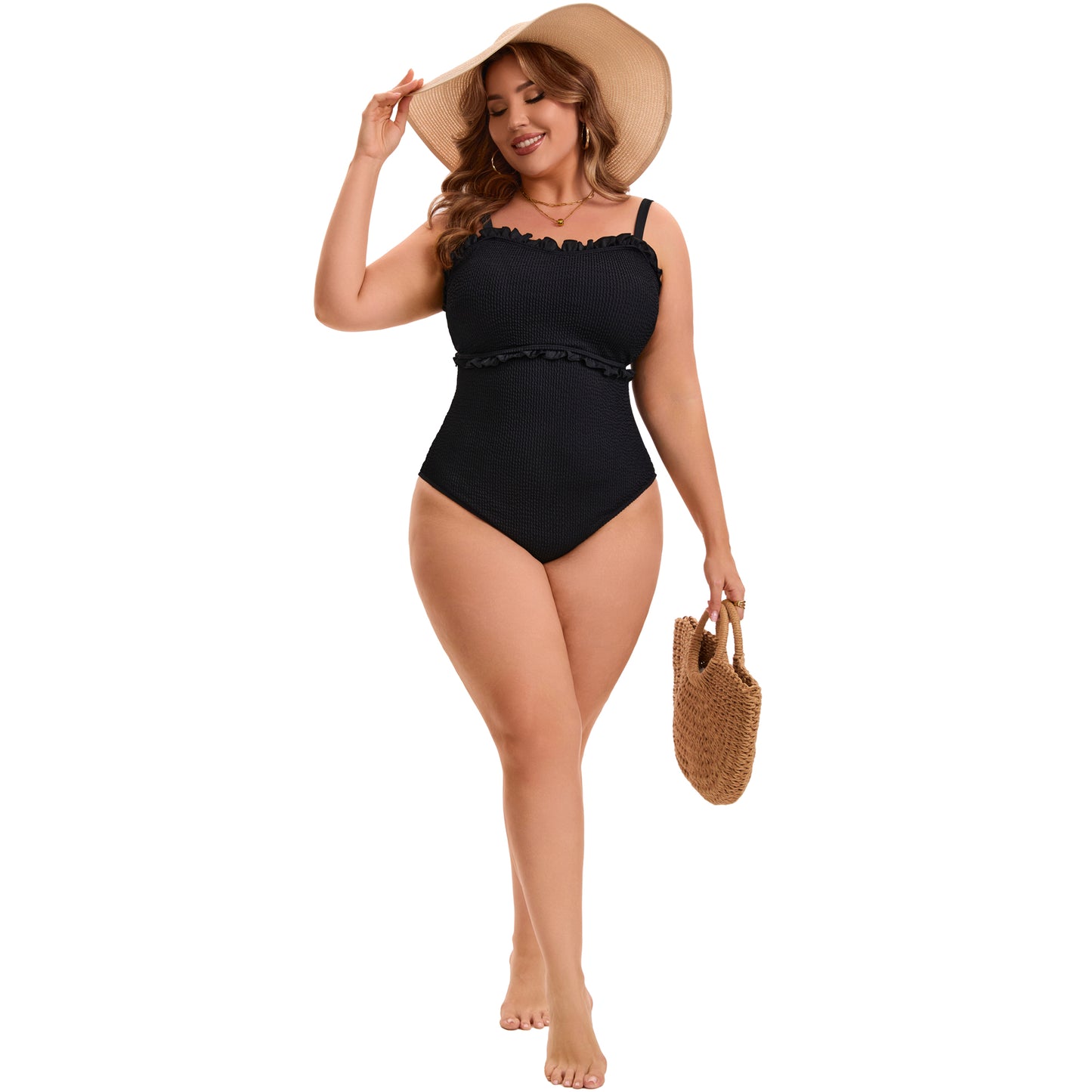 [PACK SALES] Women's Plus Size 2 Pieces Swimwear Set Ribbed Monikini Texture Back Tie Bathing Suit and Tie Front Shirring Short Sleeve Beach Swimsuit
