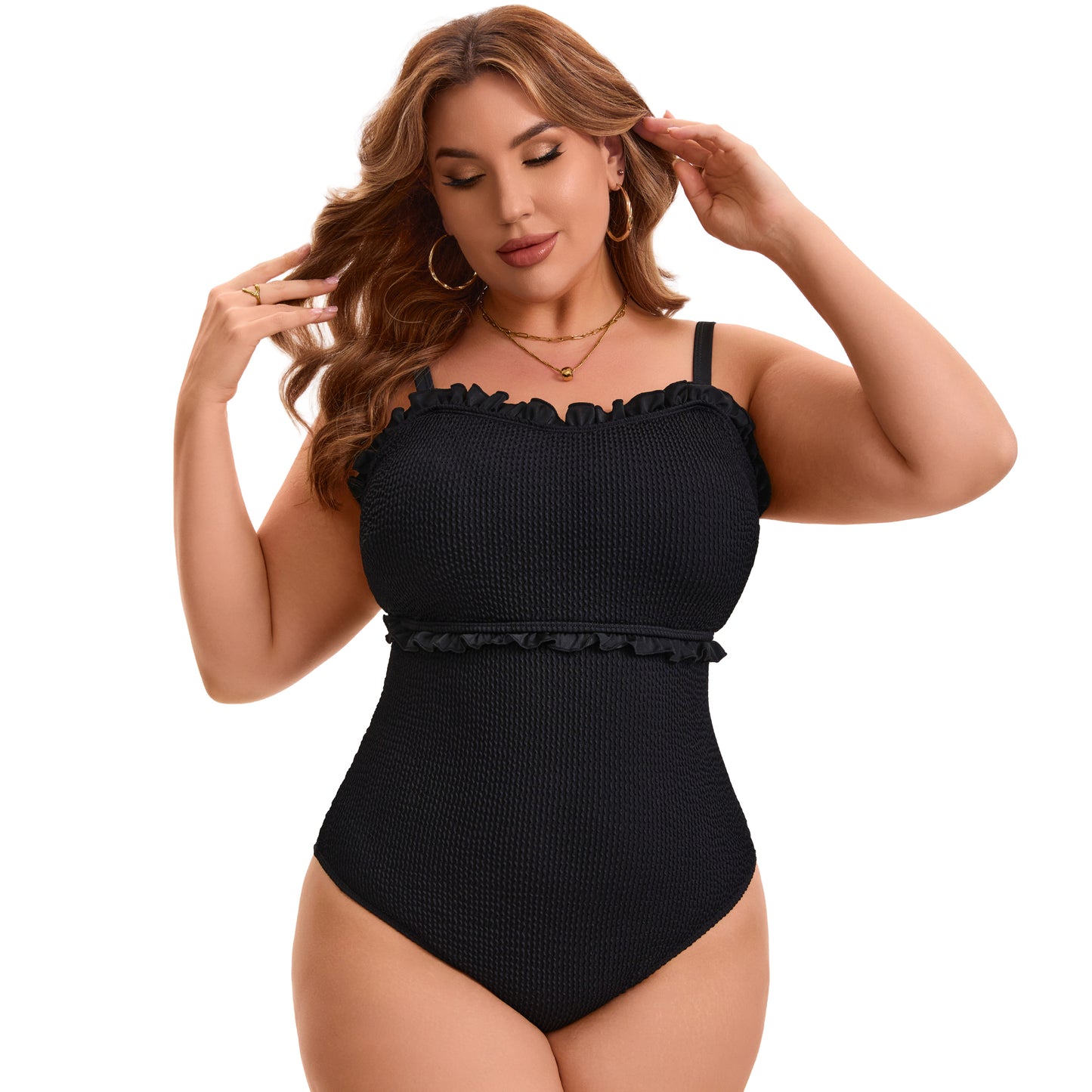 [PACK SALES] Women's Plus Size 2 Pieces Swimwear Set Ribbed Monikini Texture Back Tie Bathing Suit and Tie Front Shirring Short Sleeve Beach Swimsuit