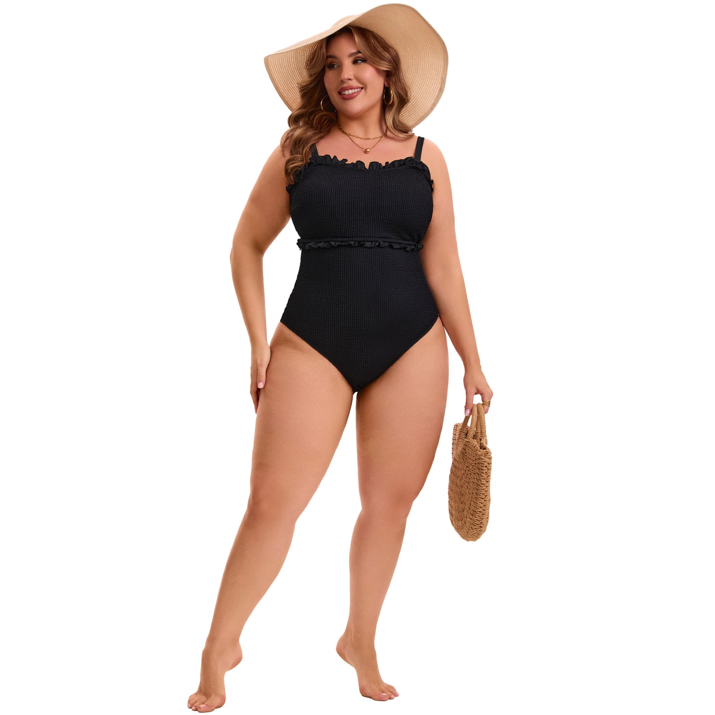 [PACK SALES] Women's Plus Size 2 Pieces Swimwear Set Ribbed Monikini Texture Back Tie Bathing Suit and Tie Front Shirring Short Sleeve Beach Swimsuit