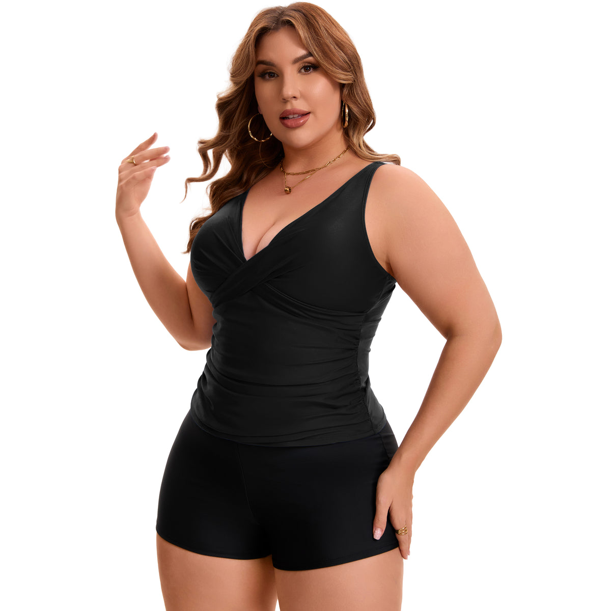 [PACK SALES] Women's Plus Size 2 Sets Bathing Suit Ruched Tankini Top Adjustable Straps Beach Pool Swimwear Set with Board Shorts