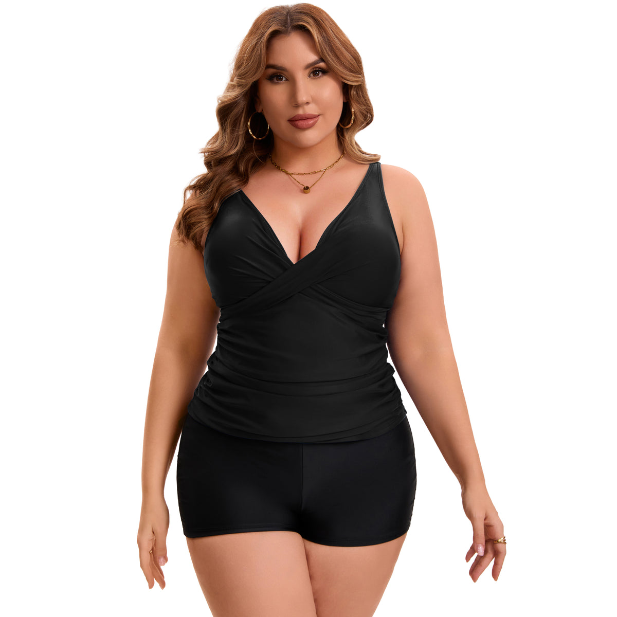 [PACK SALES] Women's Plus Size 2 Sets Bathing Suit Ruched Tankini Top Adjustable Straps Beach Pool Swimwear Set with Board Shorts