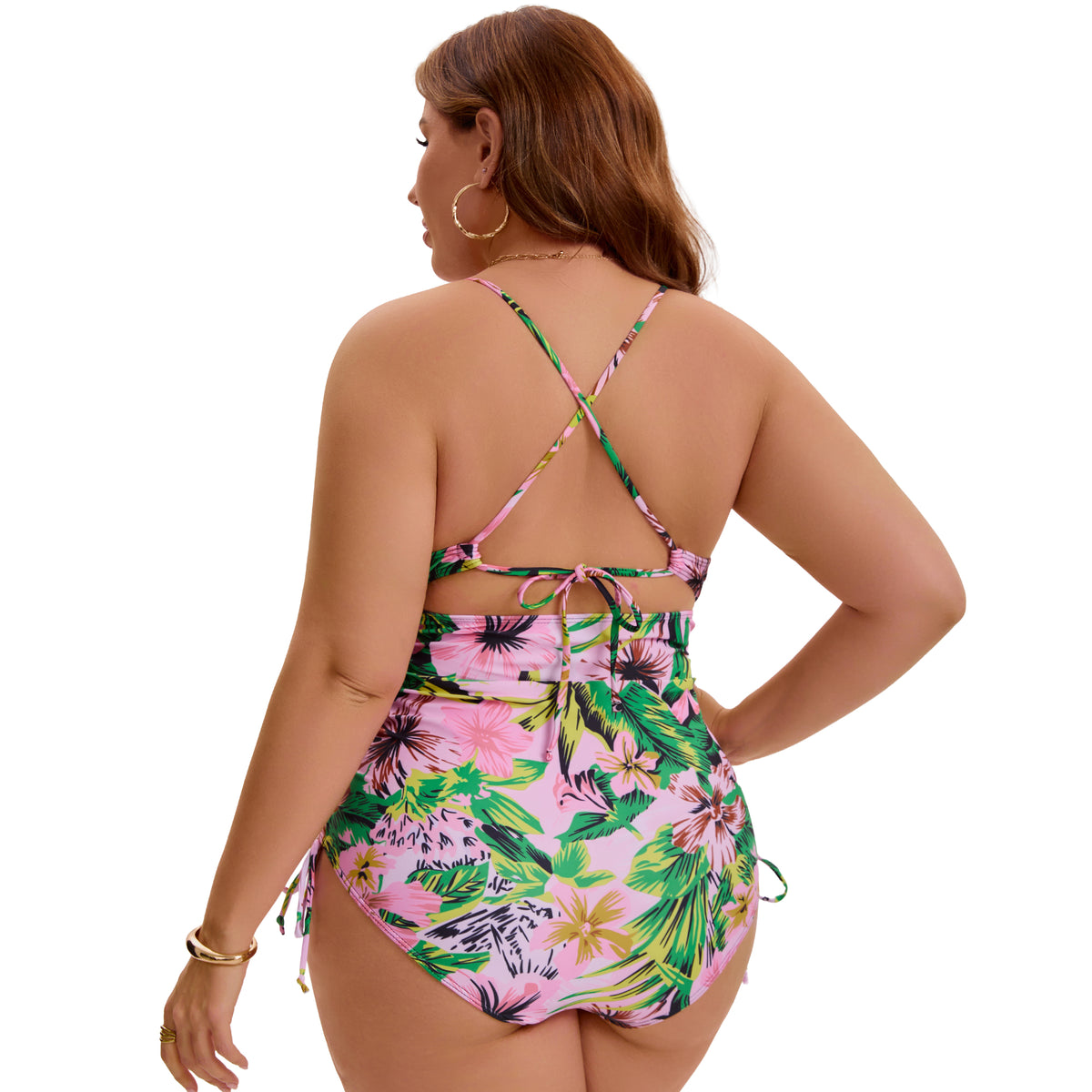 [PACK SALES] Women's Plus Size 2 Pieces Swimsuits V Neck Open Back Removable Bra Pads Bathing Suit Swimwear