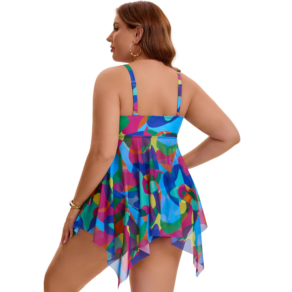 [PACK SALES] Women's Plus Size 2 Sets Swimsuit Sets Beach Bathing Suit Mesh Flowy Cutout Adjustable Tankini Top with Shorts