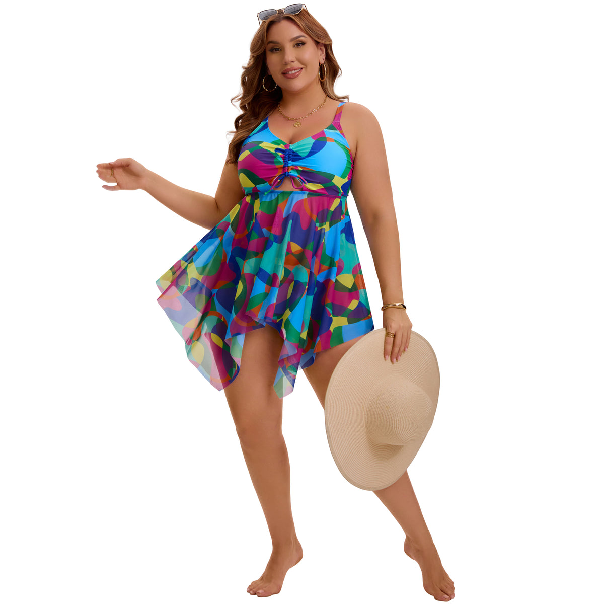 [PACK SALES] Women's Plus Size 2 Sets Swimsuit Sets Beach Bathing Suit Mesh Flowy Cutout Adjustable Tankini Top with Shorts