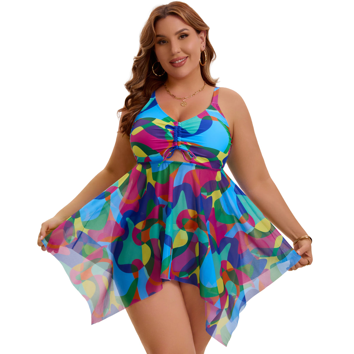 [PACK SALES] Women's Plus Size 2 Sets Swimsuit Sets Beach Bathing Suit Mesh Flowy Cutout Adjustable Tankini Top with Shorts